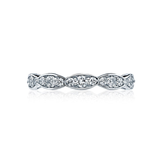 The Tacori Sculpted Crescent Marquise Design 18K White Gold Round Brilliant Diamond Eternity Ring features a series of marquise-shaped sections filled with small, sparkling round-brilliant diamonds arranged in a continuous pattern, masterfully crafted by Tacori gemologists to reflect light elegantly against a white background.
