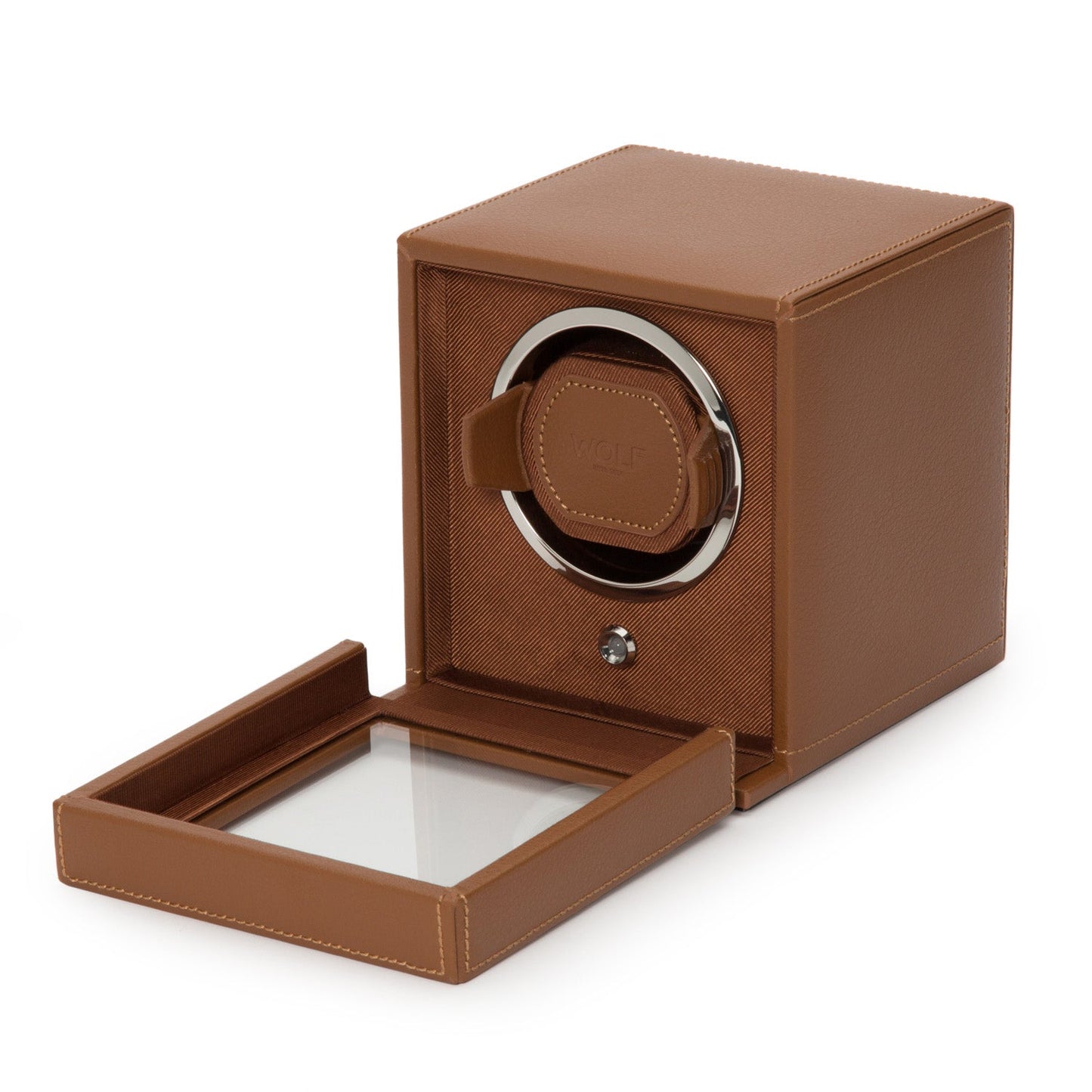 Introducing the WOLF 1834 Cub Single Watch Winder With Cover by WOLF, crafted with vegan leather and a transparent front cover. It is designed to keep your automatic watch perfectly wound with its sleek, modern design featuring a visible control knob and patented rotation programs, ensuring your timepiece is always ready to wear.