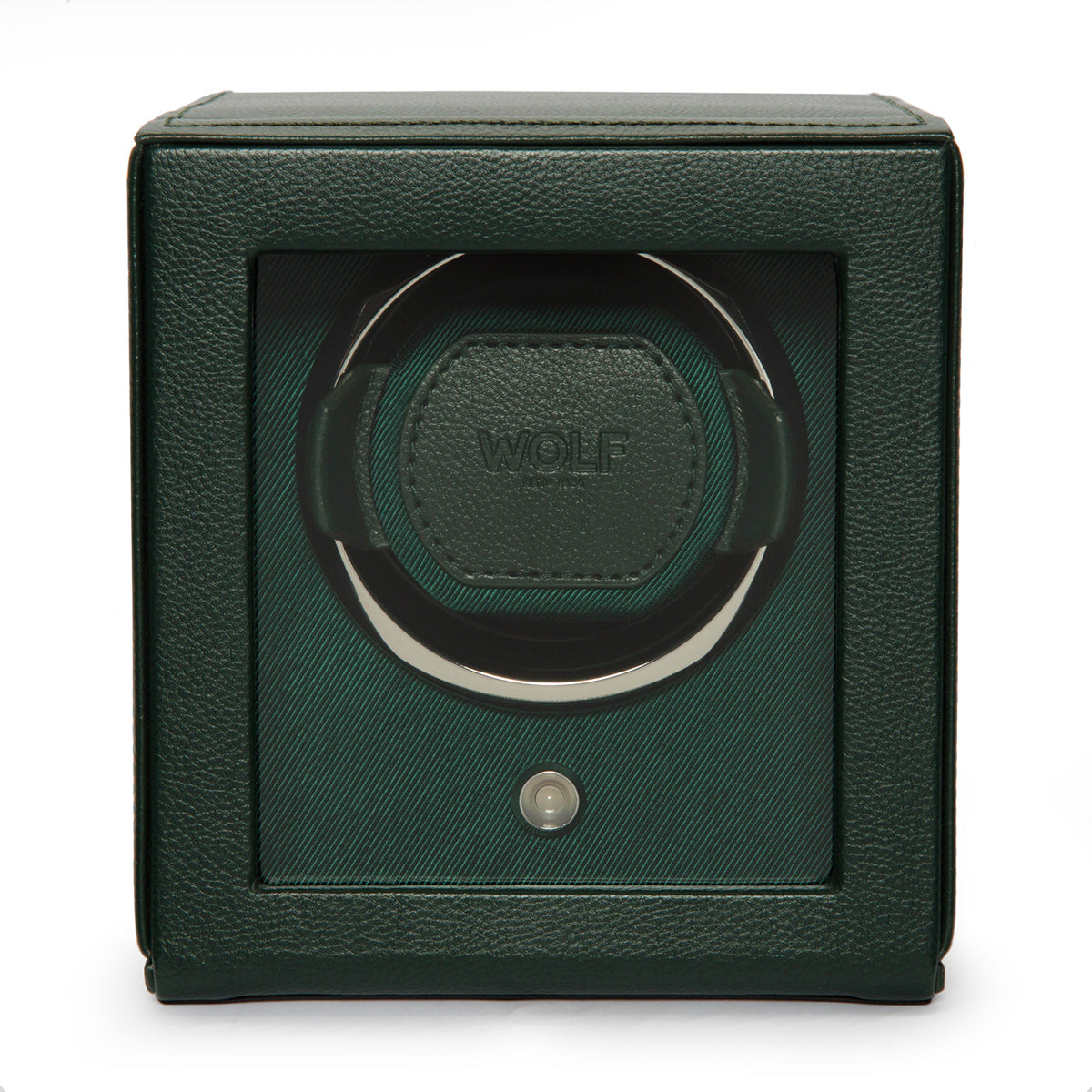 A WOLF 1834 Cub Winder With Cover in green, featuring a sleek, square design encased in textured vegan leather. The transparent front reveals the single winding module within, with the "WOLF" brand name prominently displayed to emphasize its elegance.