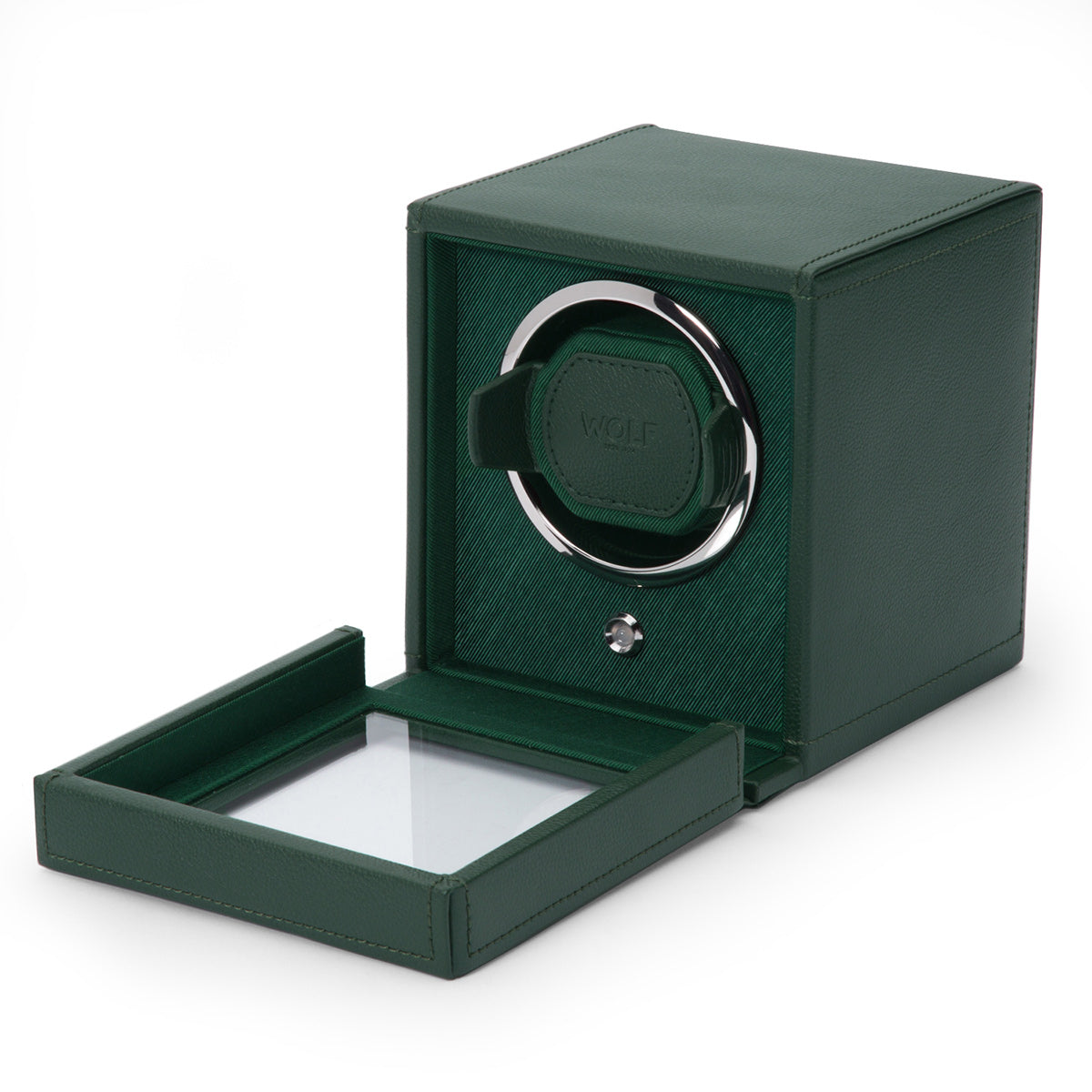 The WOLF 1834 Cub Winder With Cover by WOLF combines style and functionality with its sleek green vegan leather design and partially open glass front that elegantly showcases a silver ring encircling the single winding module.