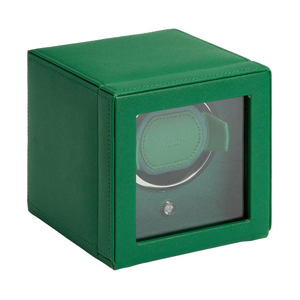 The WOLF 1834 Cub Single Watch Winder Green features a cube-shaped design with a glass front, vegan leather exterior in green, visible edge stitching, and displays one watch.