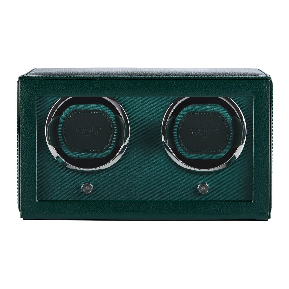 Introducing the WOLF 1834 Cub Double Winder with Cover in Green: a rectangular watch winder box by WOLF, crafted from premium vegan leather. Viewed from the front, it features two circular watch holders and a glass front panel. Its patented rotation technology ensures your timepieces are always ready to wear.
