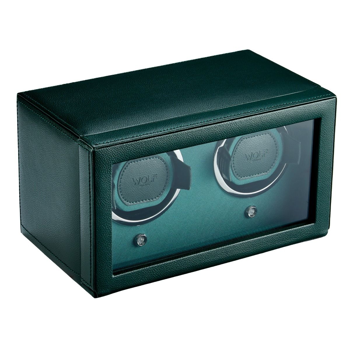 The WOLF 1834 Cub Double Winder with Cover in Green is a vegan leather watch winder box featuring a glass front and two slots for your timepieces. The interior showcases the WOLF brand on its mechanisms and incorporates their patented rotation technology for optimal watch care.