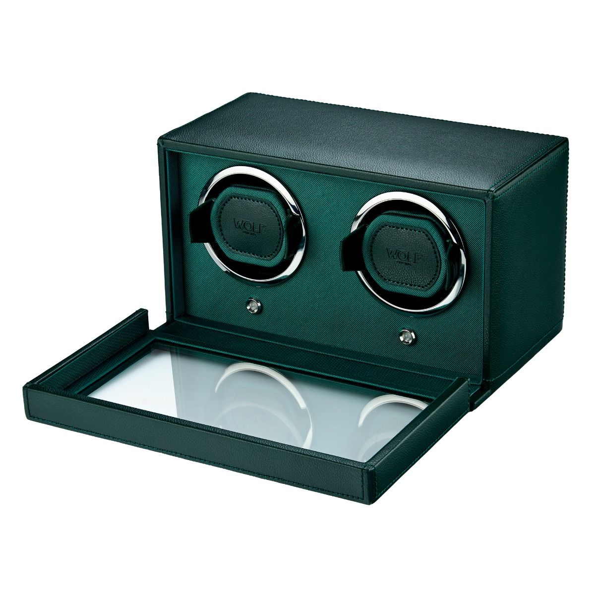 The WOLF 1834 Cub Double Winder with Cover in Green by WOLF is open, displaying two circular watch holders inside its vegan leather box with a glass lid and featuring patented rotation technology for optimal care.