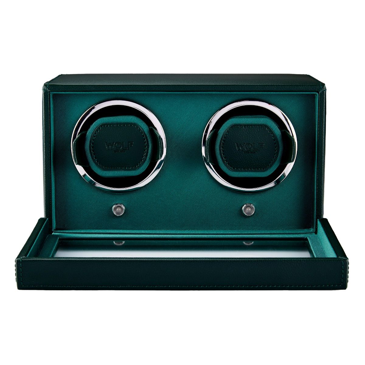 The WOLF 1834 Cub Double Winder with Cover in Green is a vegan leather dual watch winder featuring silver trim, two interior watch holders, and patented rotation technology.
