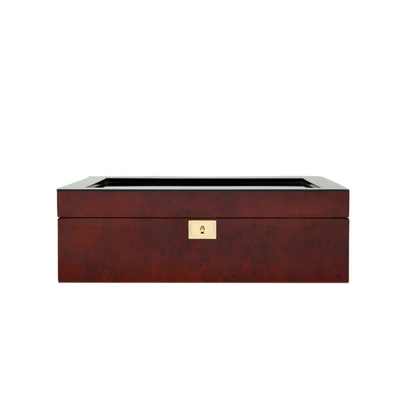 The WOLF 1834 Savoy 10-Piece Watch Box features a rectangular shape with a polished dark burl wood finish and gold-finished hardware in the center, offering an elegant and sophisticated appearance with its flat top design.