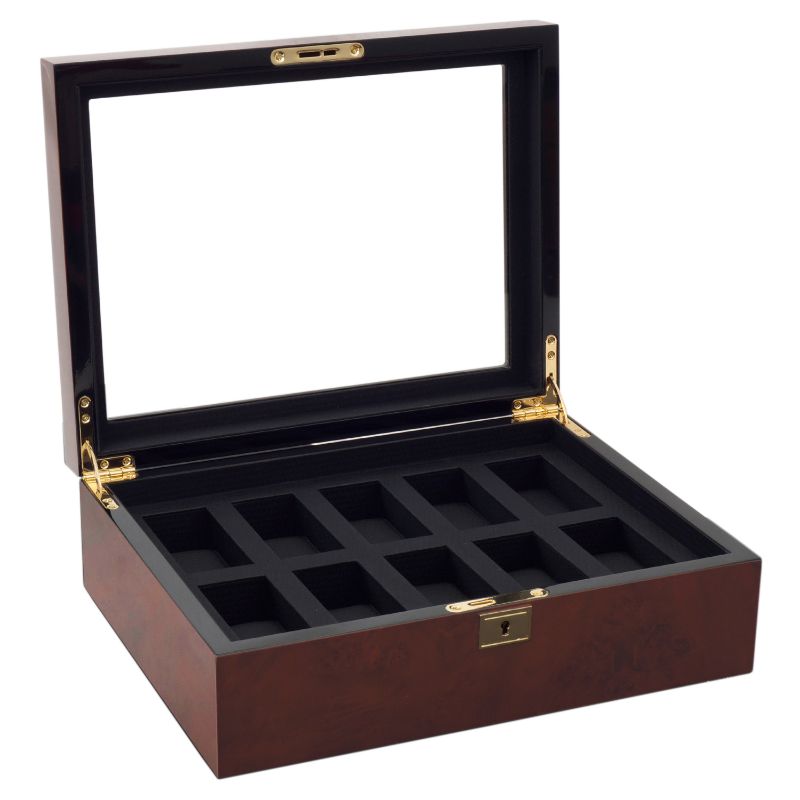 The WOLF 1834 Savoy 10-Piece Watch Box, crafted by the esteemed brand WOLF, features a sophisticated design with a glass lid and gold-finished hardware. The interior boasts nine sections lined with luxurious black velvet, beautifully highlighting its elegant and polished craftsmanship as it stands open.