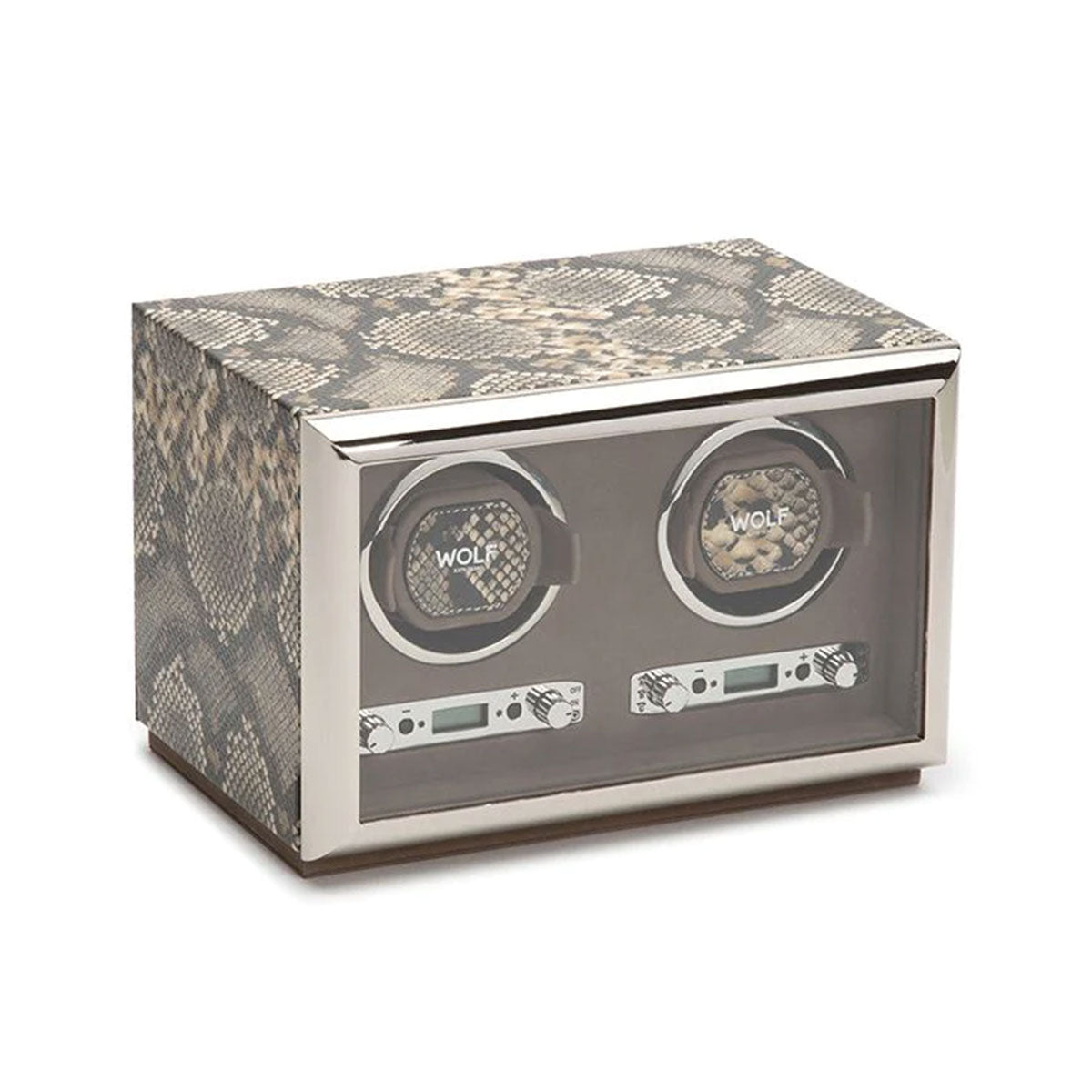 Indulge in ultimate luxury with the WOLF 1834 Exotic Double Watch Winder, showcasing a breathtaking python-embossed leather exterior and a clear glass front. It gracefully accommodates two watches on dynamic cuffs, proudly displaying the esteemed "WOLF" logo on each holder. The base features intuitive control buttons for effortless settings adjustment.