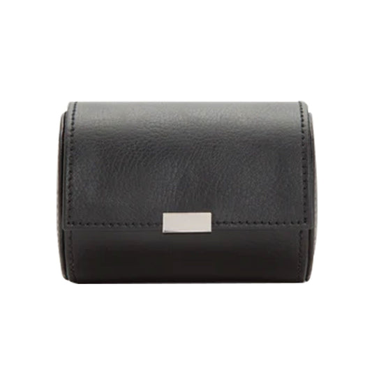 The WOLF 1834 Single Watch Roll by WOLF is a compact black leather case featuring a sleek, minimalist design with a central silver rectangular clasp.