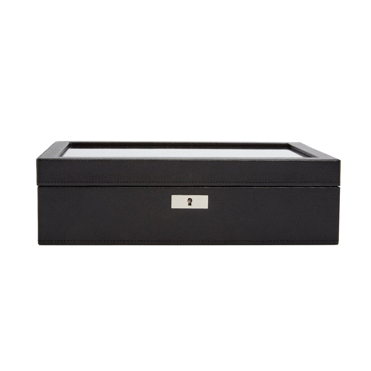 The WOLF 1834 10 Piece Watch Box by WOLF is a sleek and stylish rectangular storage solution made from black vegan leather, featuring a transparent glass lid and a metallic lock on the front. Ideal for organizing and displaying your watch collection, it blends elegance with practicality effortlessly.