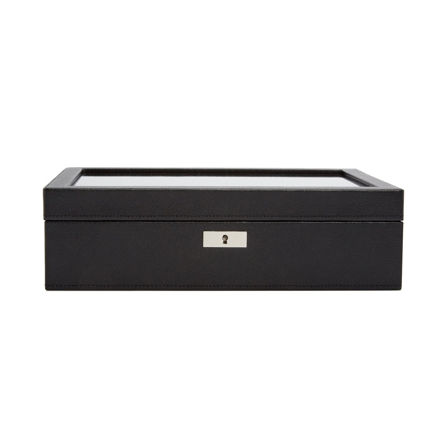 The WOLF 1834 10 Piece Watch Box by WOLF is a sleek and stylish rectangular storage solution made from black vegan leather, featuring a transparent glass lid and a metallic lock on the front. Ideal for organizing and displaying your watch collection, it blends elegance with practicality effortlessly.