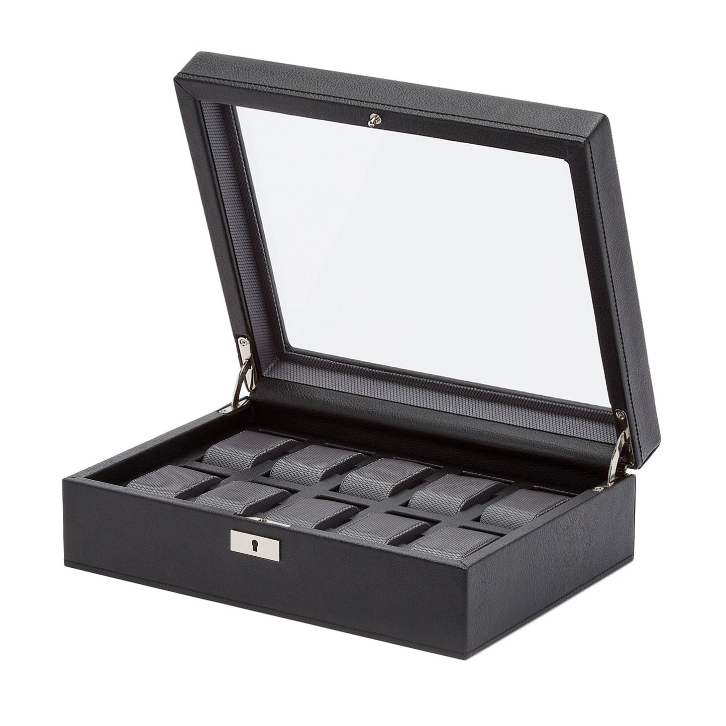 The WOLF 1834 10 Piece Watch Box by WOLF is a sophisticated black case with a glass top, designed to display multiple empty compartments for watch storage. Made from vegan leather, it includes a secure front lock, combining elegance and practicality.