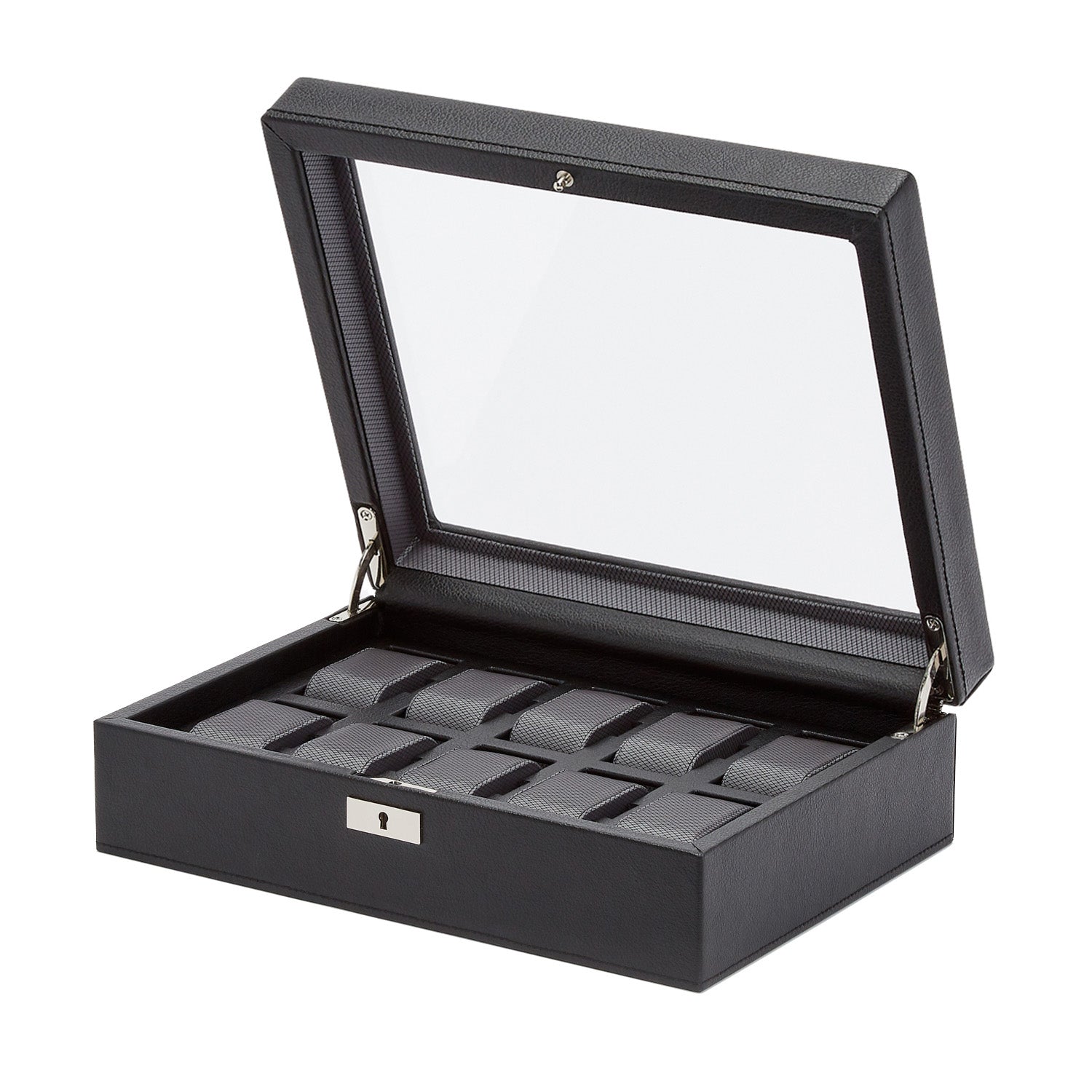The WOLF 1834 10 Piece Watch Box by WOLF is a sophisticated black case with a glass top, designed to display multiple empty compartments for watch storage. Made from vegan leather, it includes a secure front lock, combining elegance and practicality.