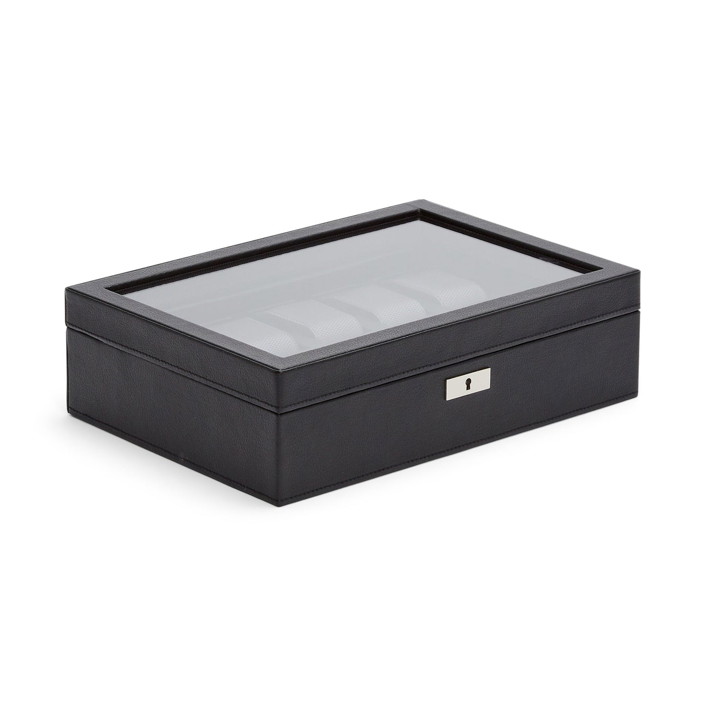 The WOLF 1834 10 Piece Watch Box, from the renowned brand WOLF, is a black rectangular piece made from vegan leather. It boasts a glass top and features a metal lock at the front for added security. Inside, you’ll find ample watch storage with compartments that are easily visible through its transparent lid. This sophisticated box is elegantly displayed on a pristine white surface.