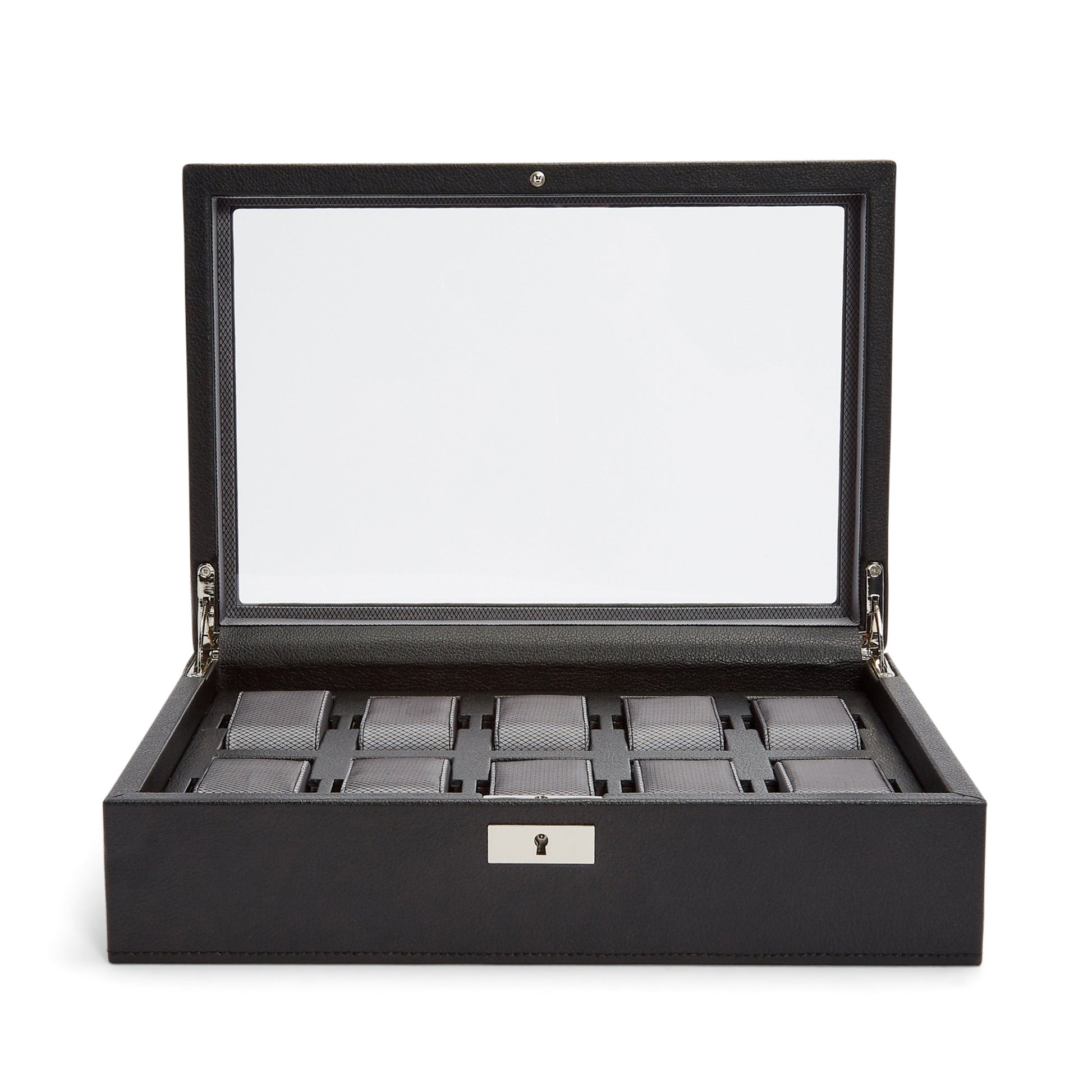 The WOLF 1834 10 Piece Watch Box, made of black vegan leather and featuring a transparent lid, is open to showcase its multiple compartments lined with dark fabric for storing watches.