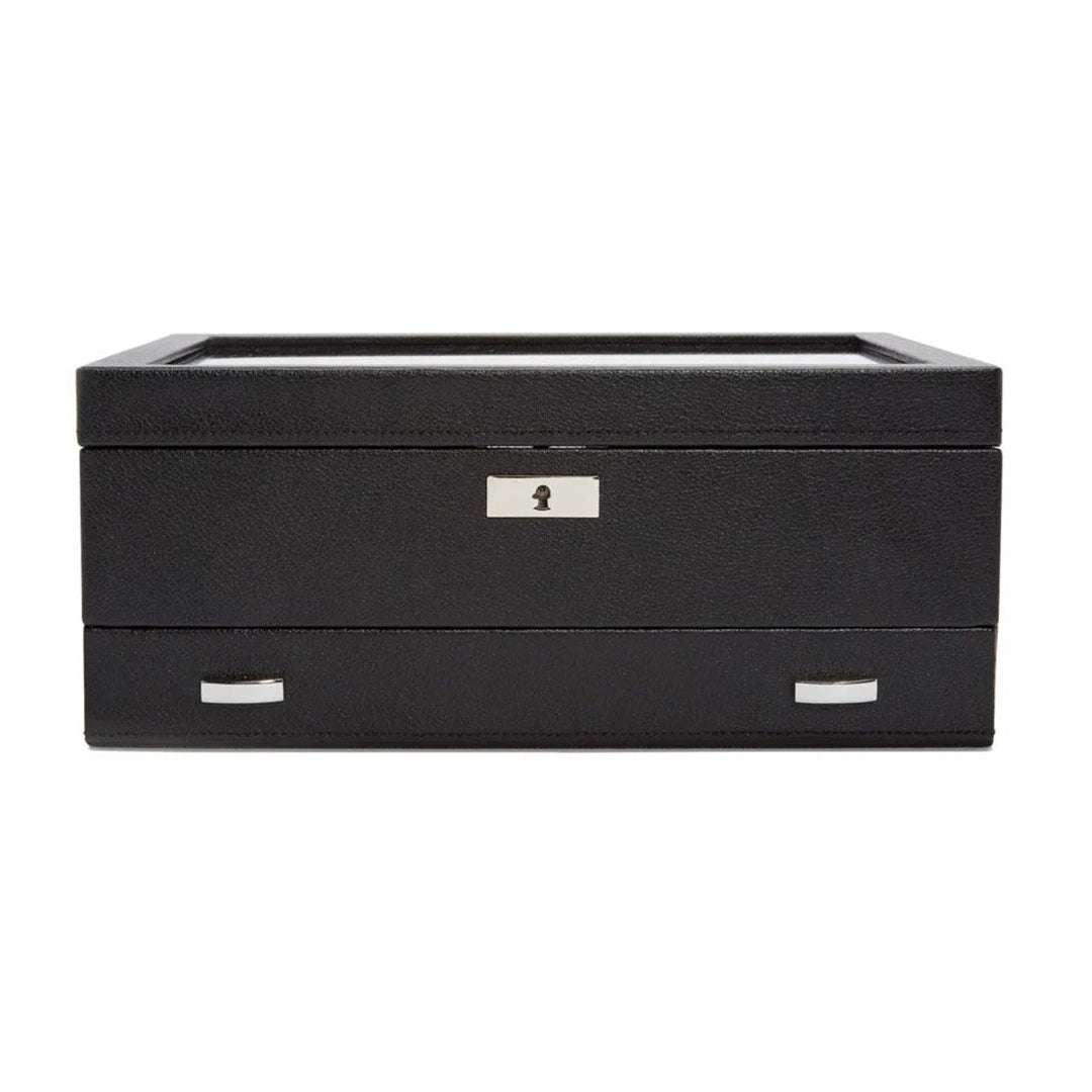 The WOLF 1834 Viceroy Watch Box is a sophisticated storage solution, elegantly designed in black vegan leather with silver keyhole and handle accents. It boasts a rectangular shape, perfect for storing up to 10 watches, and presents itself in a closed state.