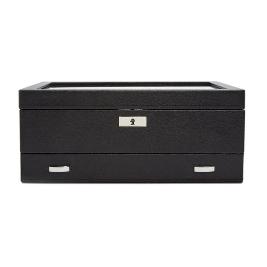 The WOLF 1834 Viceroy Watch Box is a sophisticated storage solution, elegantly designed in black vegan leather with silver keyhole and handle accents. It boasts a rectangular shape, perfect for storing up to 10 watches, and presents itself in a closed state.