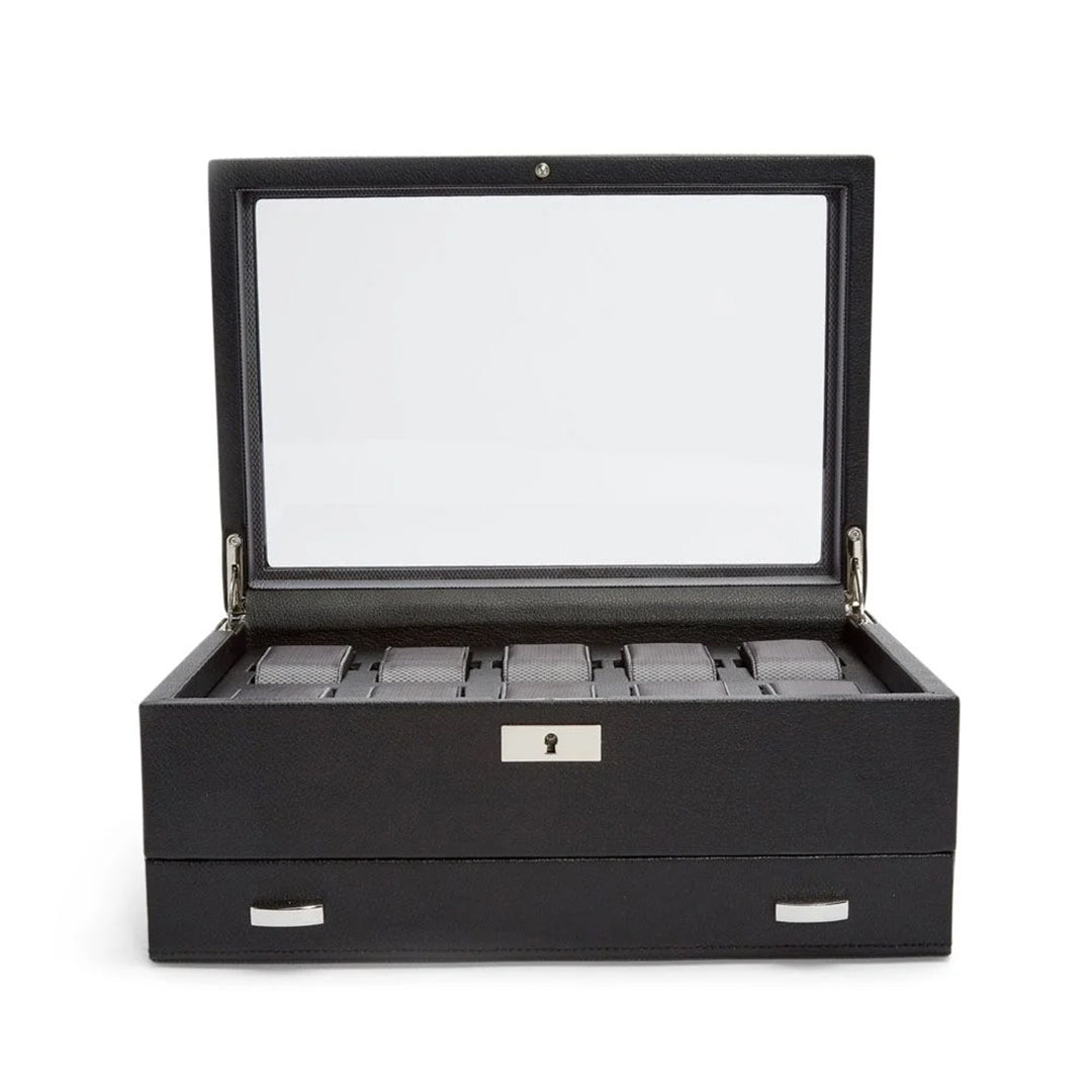 The WOLF 1834 Viceroy 10 Piece Watch Box with Drawer showcases a sleek black vegan leather design with a transparent lid, revealing multiple slots for watch storage inside. It includes silver-tone hardware and features a keyhole on the front.