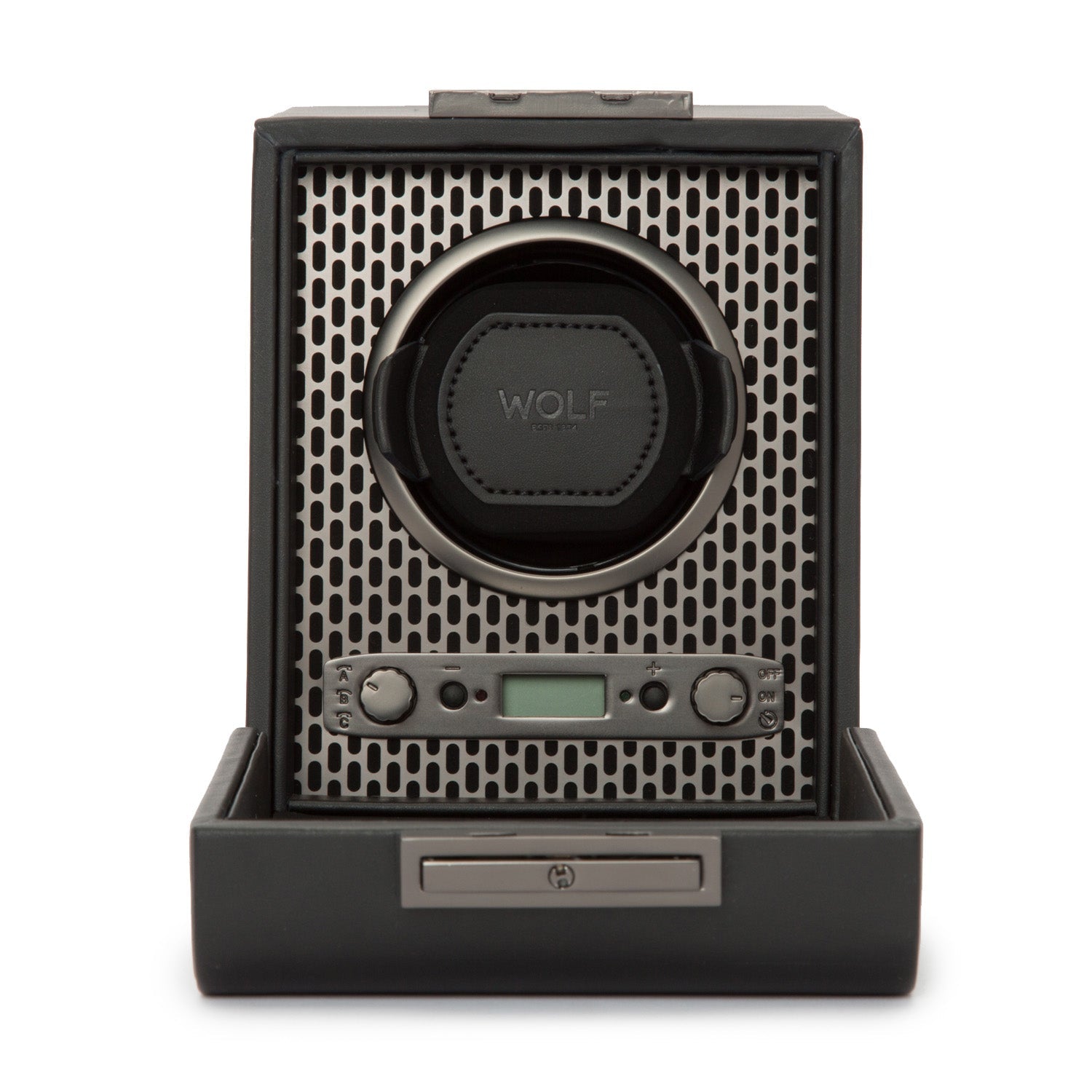 Introducing the WOLF 1834 Axis Single Watch Winder, a sophisticated black winder from WOLF featuring a perforated metal front and a circular compartment designed for your watch. Enjoy various rotation options with the intuitive digital display and control buttons located at the bottom, all elegantly encompassed in a sleek, rectangular design.