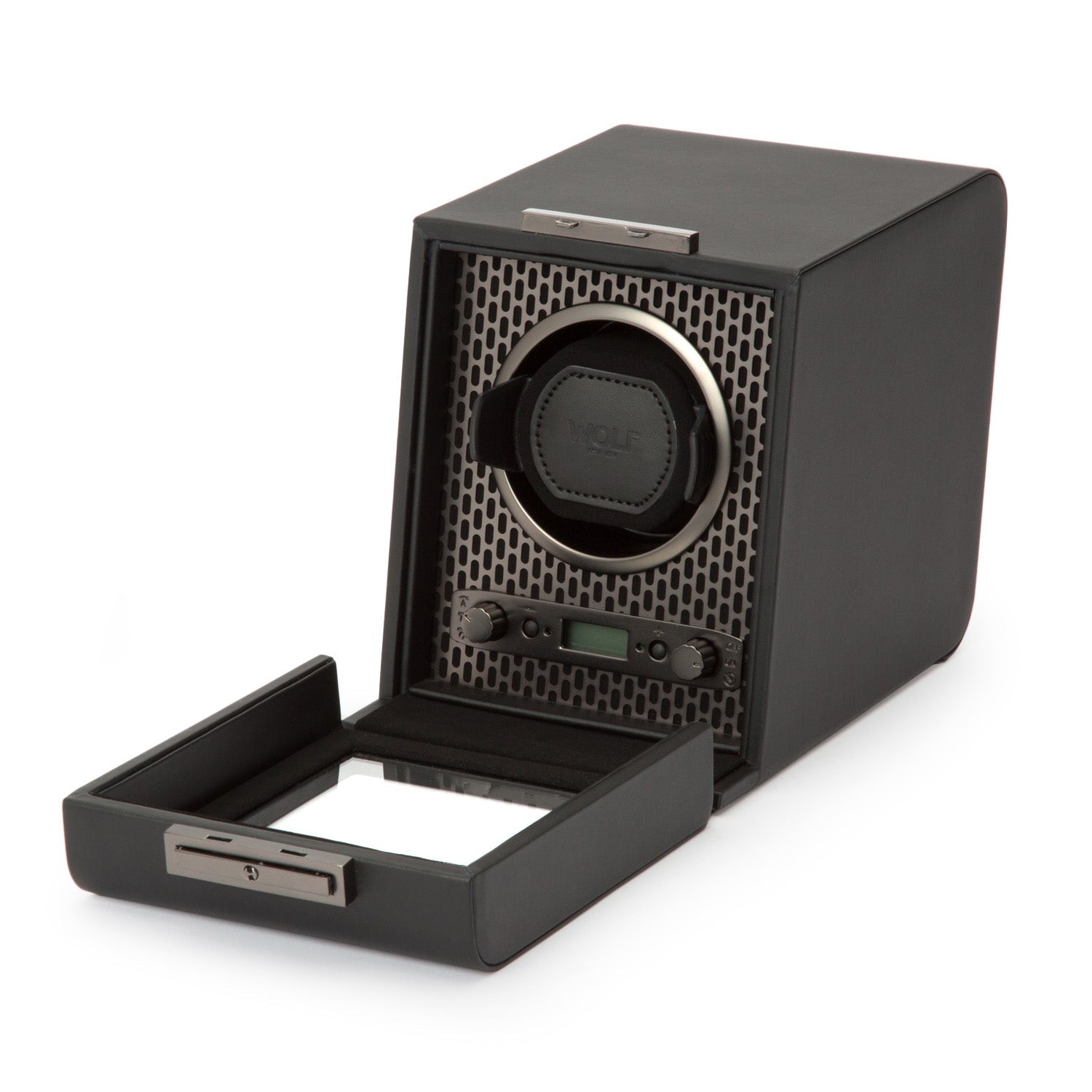 A WOLF 1834 Axis Single Watch Winder in black with a metallic front panel is showcased, including a secure lock-in dynamic cuff. This device features a bottom drawer, a circular watch compartment, and control switches offering various rotation options.