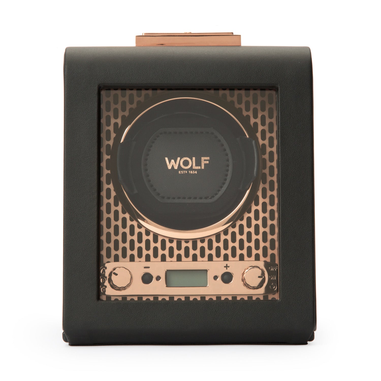 The WOLF 1834 Axis Single Watch Winder is a black leather winder featuring a transparent front panel that highlights the WOLF logo. It provides various rotation options, and the interior is adorned with a copper finish. Additionally, it includes adjustment knobs and a digital display at the bottom for easy power reserve setting adjustments.