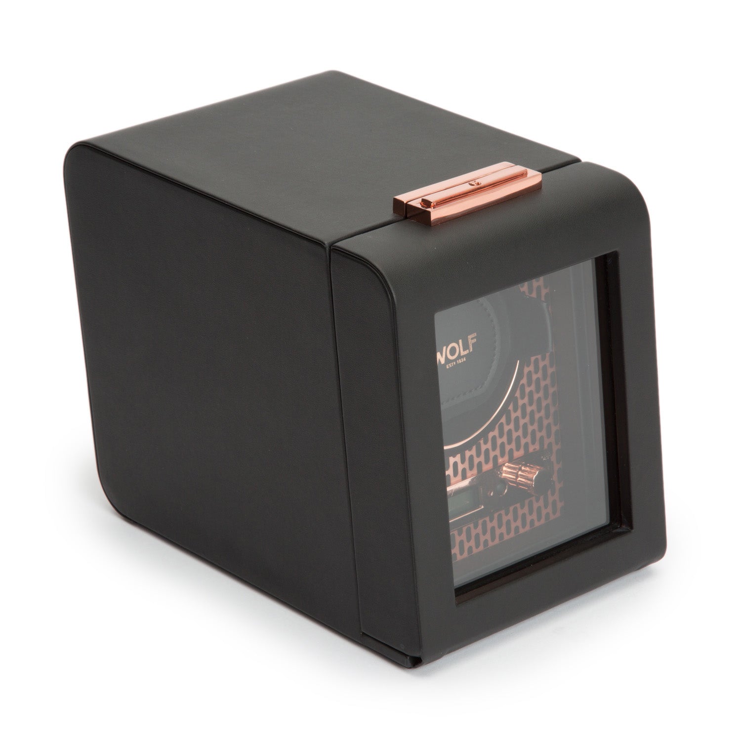 Showcased is the WOLF 1834 Axis Single Watch Winder, featuring a sleek black design with a glass front and copper accents. Its modern look offers visible rotation options inside, making it an ideal choice for maintaining the precision and elegance of your timepiece.
