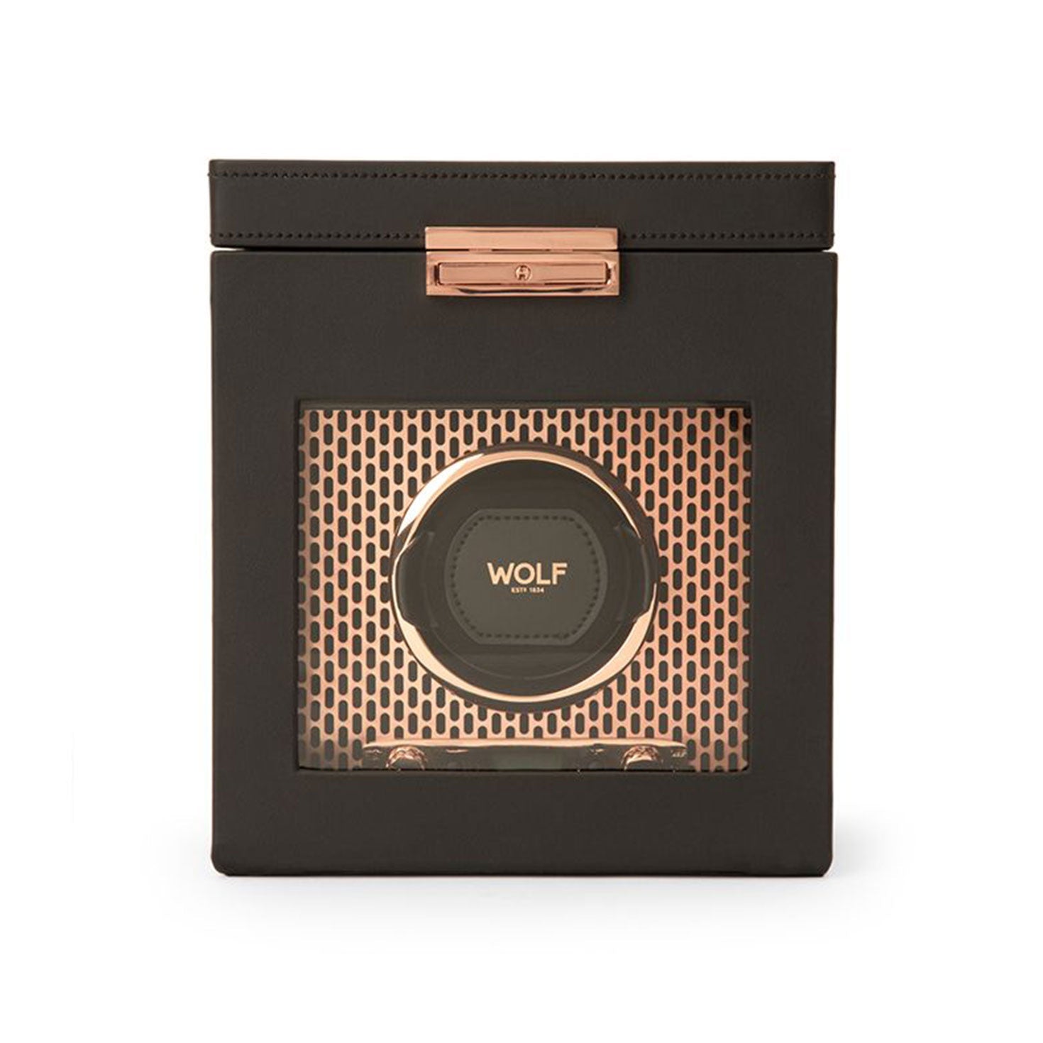 The WOLF 1834 Axis Watch Winder is a sleek black and gold device with a transparent front that proudly displays the "WOLF" brand inside. This elegant timepiece storage solution includes rose gold accents and a grid pattern background, providing various rotation options to ensure your watches remain in perfect condition.