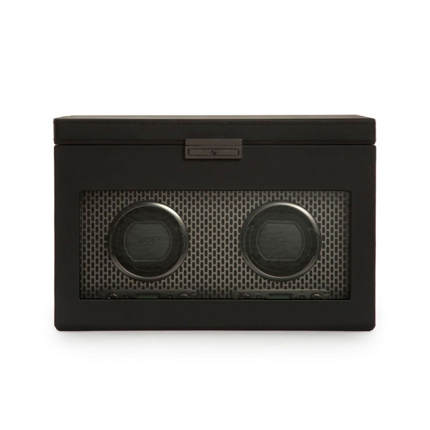 The WOLF 1834 Axis Double Winder With Storage is a stylish, black rectangular watch storage box with a glass front that showcases two round winding modules inside. The holders are set against a textured, powder-coated steel backdrop, which enhances the modern design.