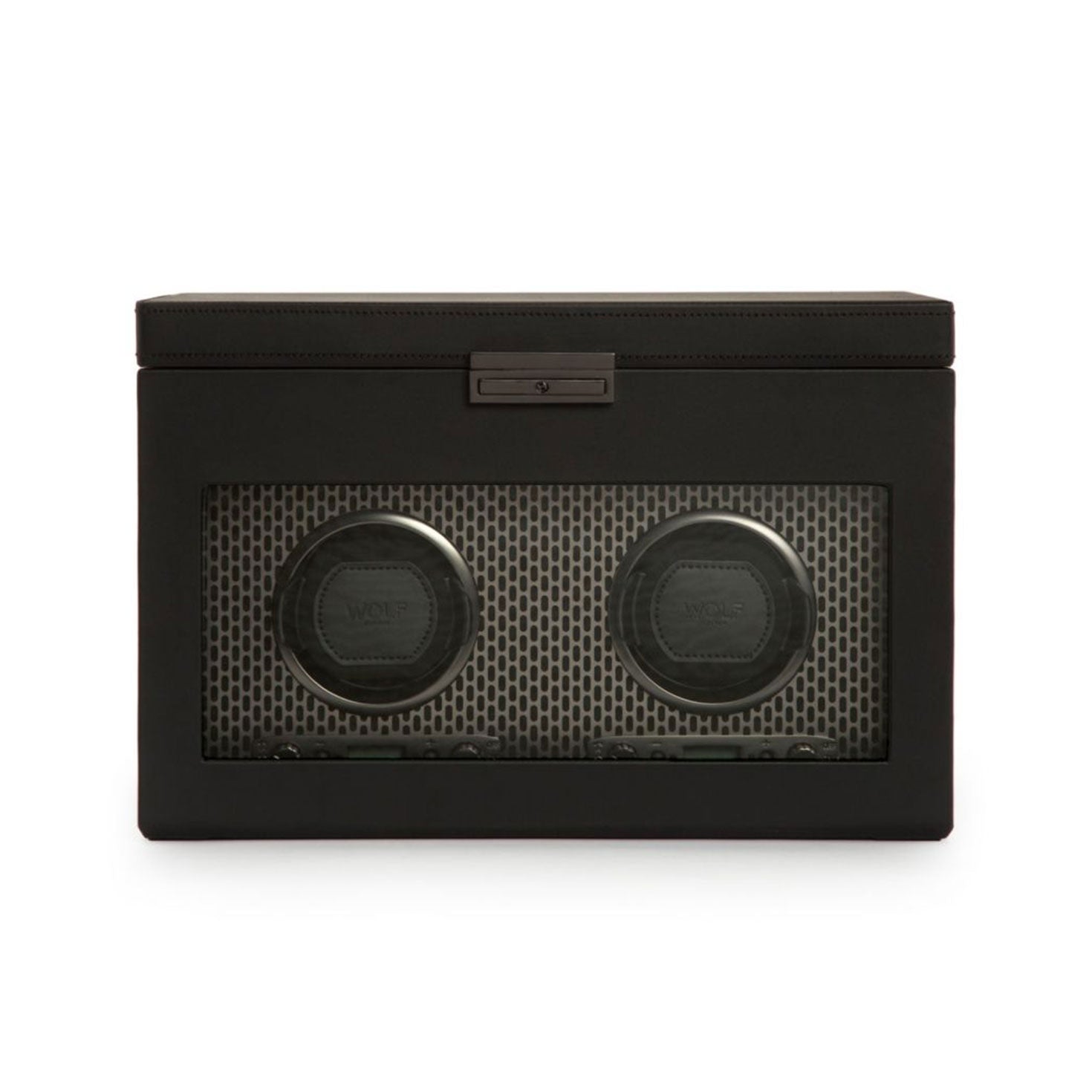 The WOLF 1834 Axis Double Winder With Storage is a stylish, black rectangular watch storage box with a glass front that showcases two round winding modules inside. The holders are set against a textured, powder-coated steel backdrop, which enhances the modern design.