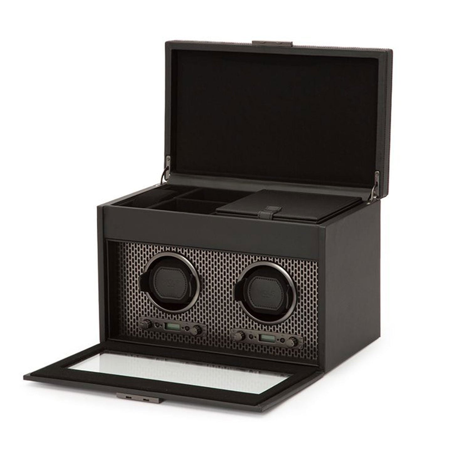 The WOLF 1834 Axis Double Winder With Storage is a sophisticated black leather box showcasing two rotating winding modules. Designed with a powder-coated steel mesh front panel, it offers extra space for watch storage in compartments beneath the open lid.