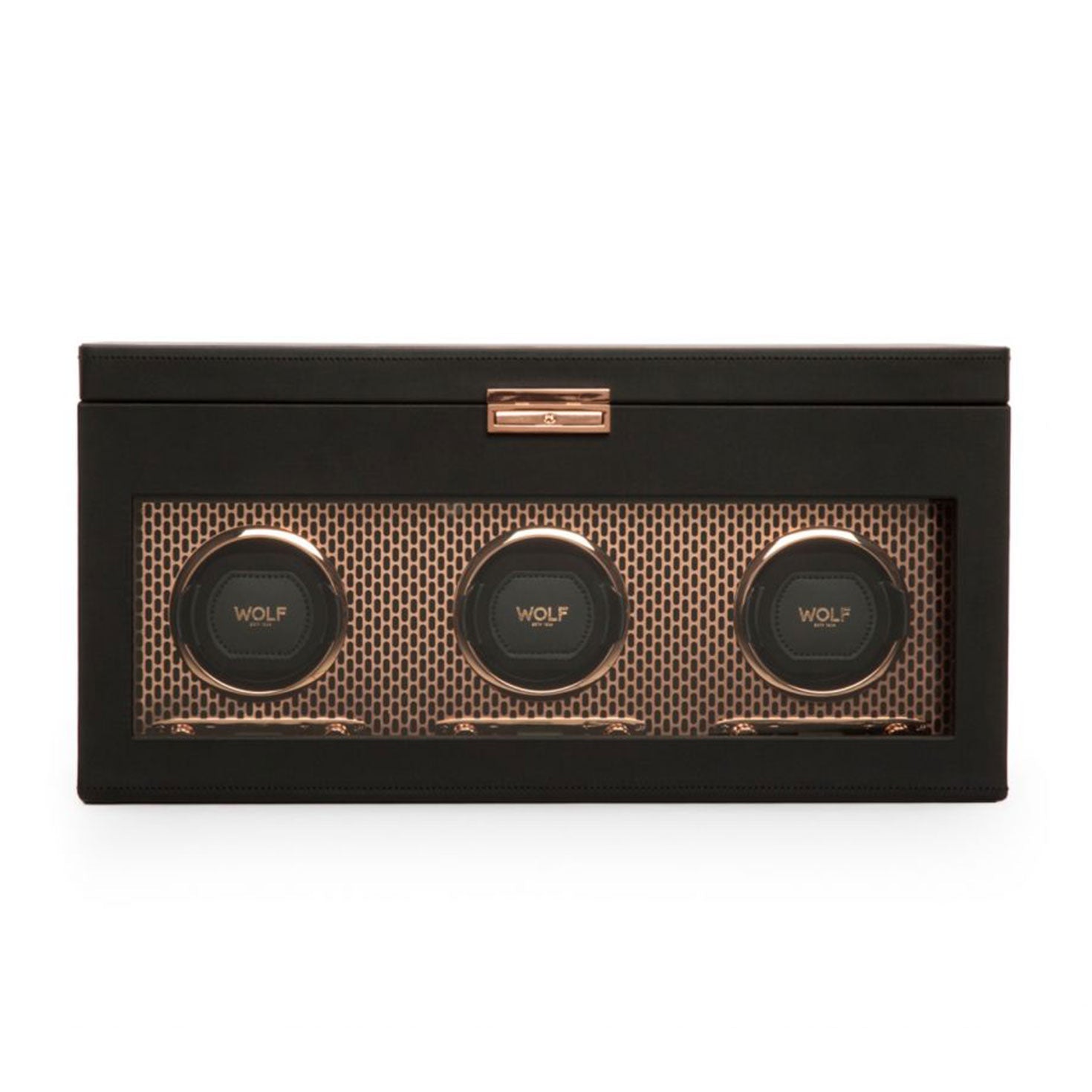 The WOLF 1834 Axis Watch Winder, designed by the brand WOLF, is a black leather accessory that includes three circular compartments with a transparent front panel. Inside, the micro suede interior showcases a gold hexagonal pattern, adding to the elegance of this luxurious watch storage solution where "WOLF" is prominently displayed on each winding module.