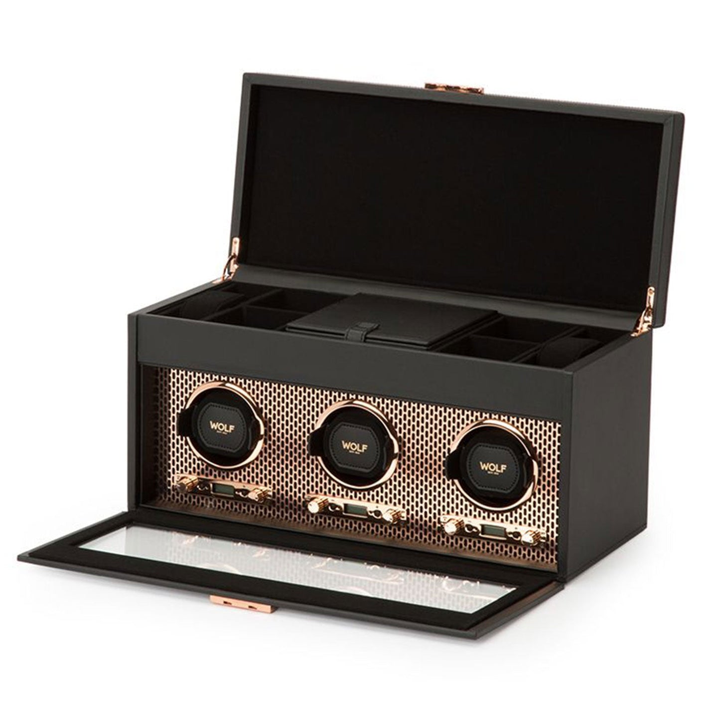 The WOLF 1834 Axis Watch Winder, crafted by the renowned brand WOLF, showcases a sleek black design with a hinged lid and glass front, perfectly accommodating three watches in its individual compartments. The interior is lined with micro suede featuring an elegant mesh pattern, with "WOLF" branding prominently displayed on each winding module. With the lid open, the exquisite watch storage is on full display.