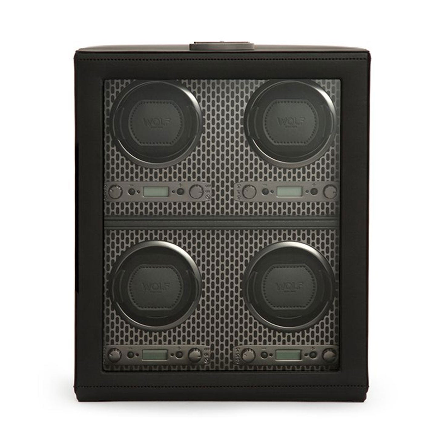 The WOLF 1834 Axis 4 Piece Winder showcases a sleek black design with four circular watch holders featuring a mesh pattern and a digital display underneath. Each holder prominently displays the "WOLF" brand, making it ideal for storing timepieces. With its minimalist lines and various rotation options, it ensures optimal watch maintenance.