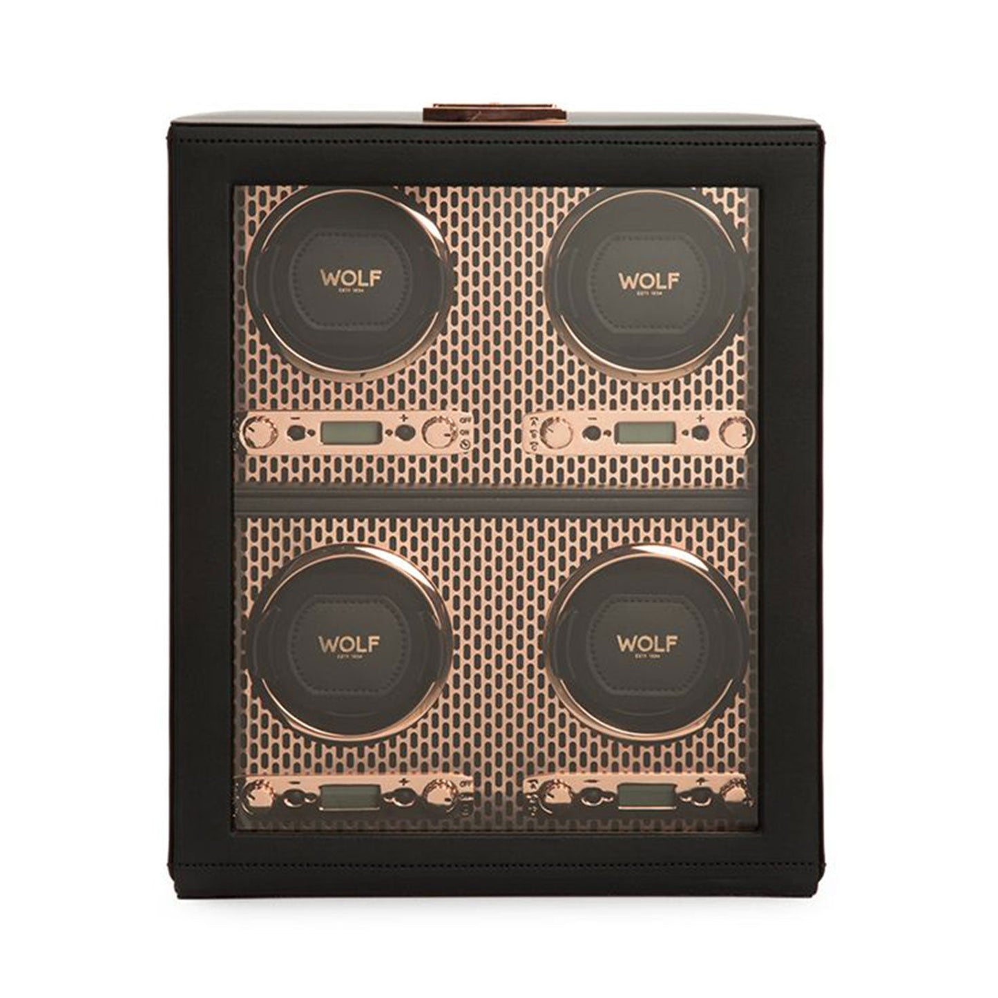 The WOLF 1834 Axis 4 Piece Winder features a sleek black and gold design, with four circular slots labeled "WOLF" for securing timepieces. Each slot is set against an elegant gold-patterned background within a rectangular black case.