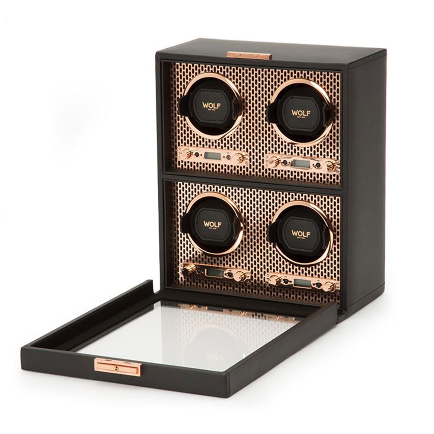 The WOLF 1834 Axis 4 Piece Winder is a luxury watch winder featuring a sophisticated black leather exterior with rose gold accents. It offers four winding modules that can be viewed through an open hinged glass door. The interior showcases a geometric pattern, providing secure storage for your timepieces, and the brand name "WOLF" is proudly displayed on each dial.