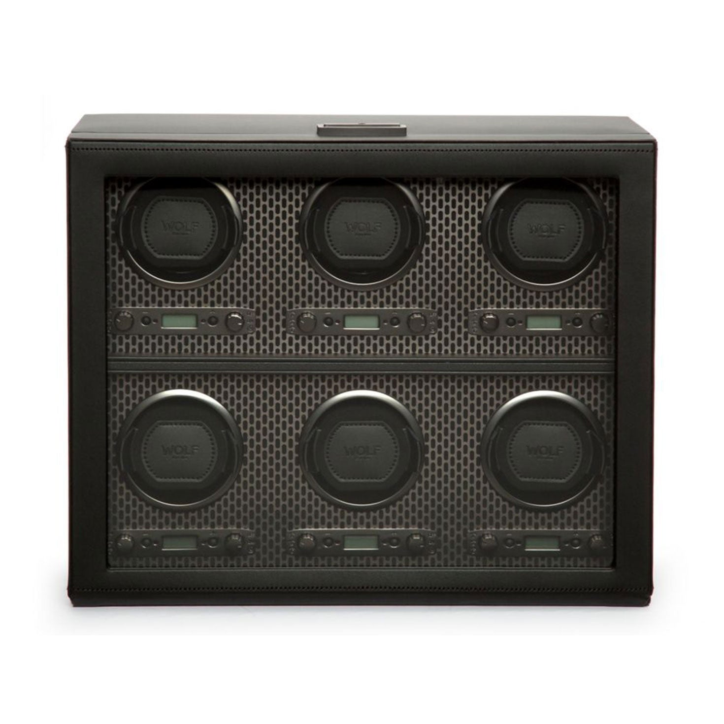 The WOLF 1834 Axis Watch Winder, by the renowned brand WOLF, is a black watch winder featuring a transparent front panel that reveals six compartments. Each compartment includes a round slot adorned with the "WOLF" logo. Its interior features patented technology and a geometric pattern in gray tones, reflecting modern luxury design.