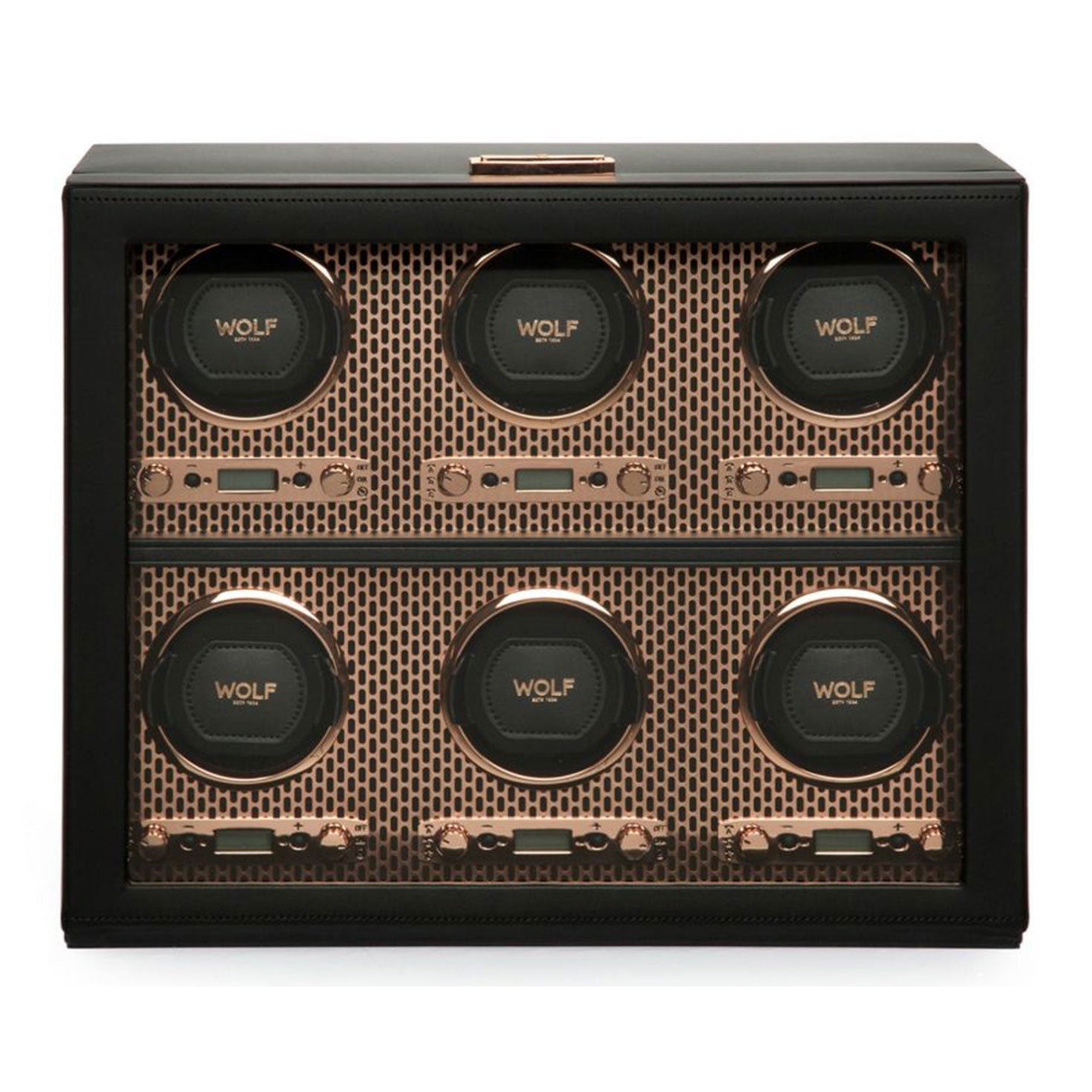 The WOLF 1834 Axis 6 Piece Winder, by WOLF, boasts a luxurious design with a black and copper finish, featuring six compartments arranged in two rows of three, each elegantly designed to hold a single timepiece.