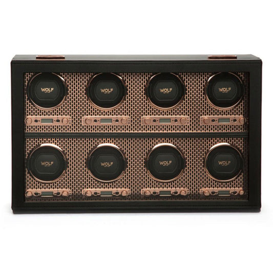 Presenting the WOLF 1834 Axis 8 Piece Winder by WOLF, a luxury display that offers eight watch slots. Each slot is equipped with a circular winder and surrounded by an elegant mesh design accented with black and metallic tones, showcasing patented technology for an exquisite appearance.