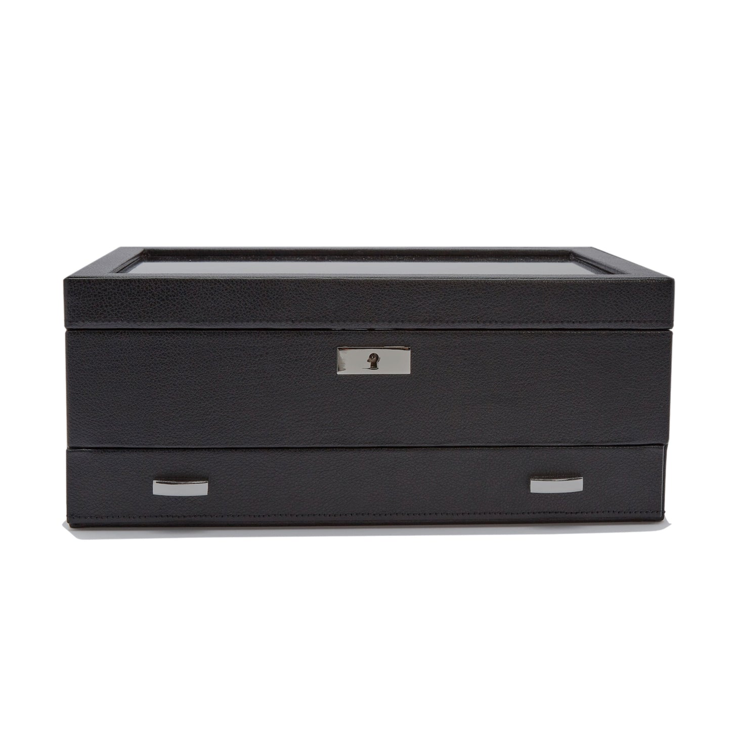 Introducing the WOLF 1834 Roadster 10 Piece Watch Box With Drawer by WOLF: crafted from black vegan leather, this elegant watch box features a glass top and comes equipped with lock and key security at the front. It showcases a sleek design enhanced by two metal handles on the bottom drawer, making it an ideal choice for watch storage.