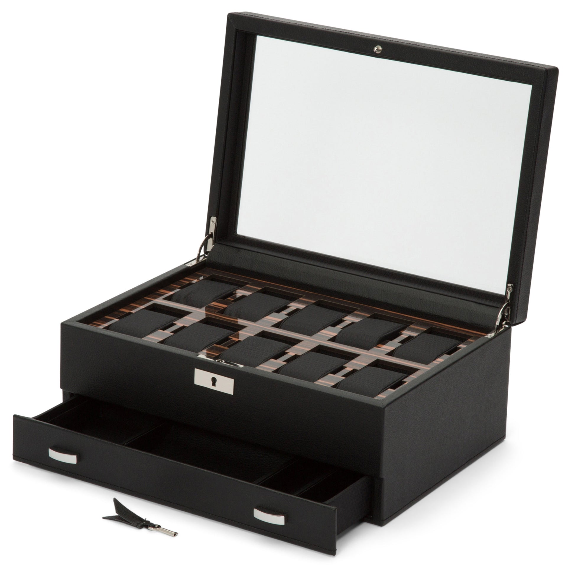 The WOLF 1834 Roadster 10 Piece Watch Box with Drawer, made by WOLF, showcases a black vegan leather finish and an open lid that reveals compartments for multiple watches. This elegant box features a glass top along with an opened drawer beneath, complete with a small key beside it for secure watch storage.
