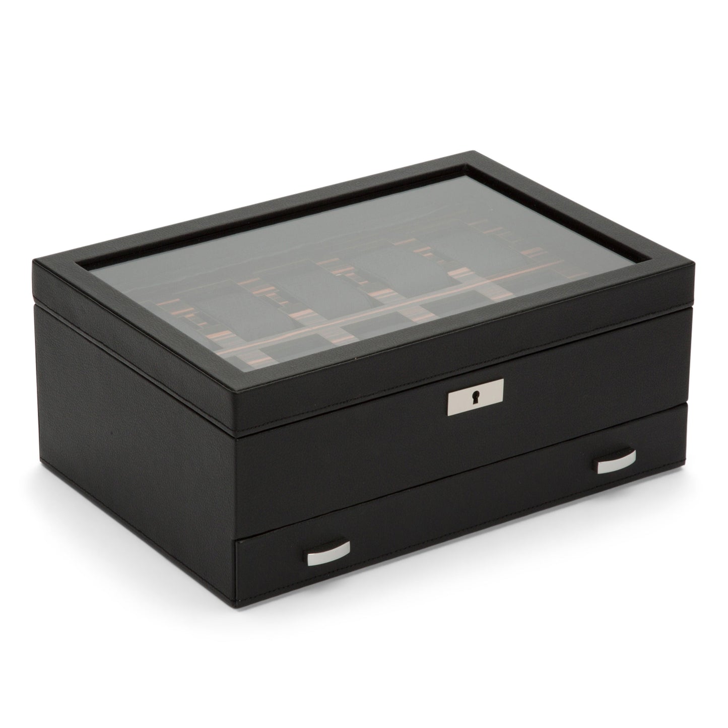 The WOLF 1834 Roadster 10 Piece Watch Box With Drawer is a black jewelry box featuring a glass top and lock and key security on the front. Crafted from vegan leather, it includes a pull-out drawer at the bottom with two metal handles, ideal for storing watches.