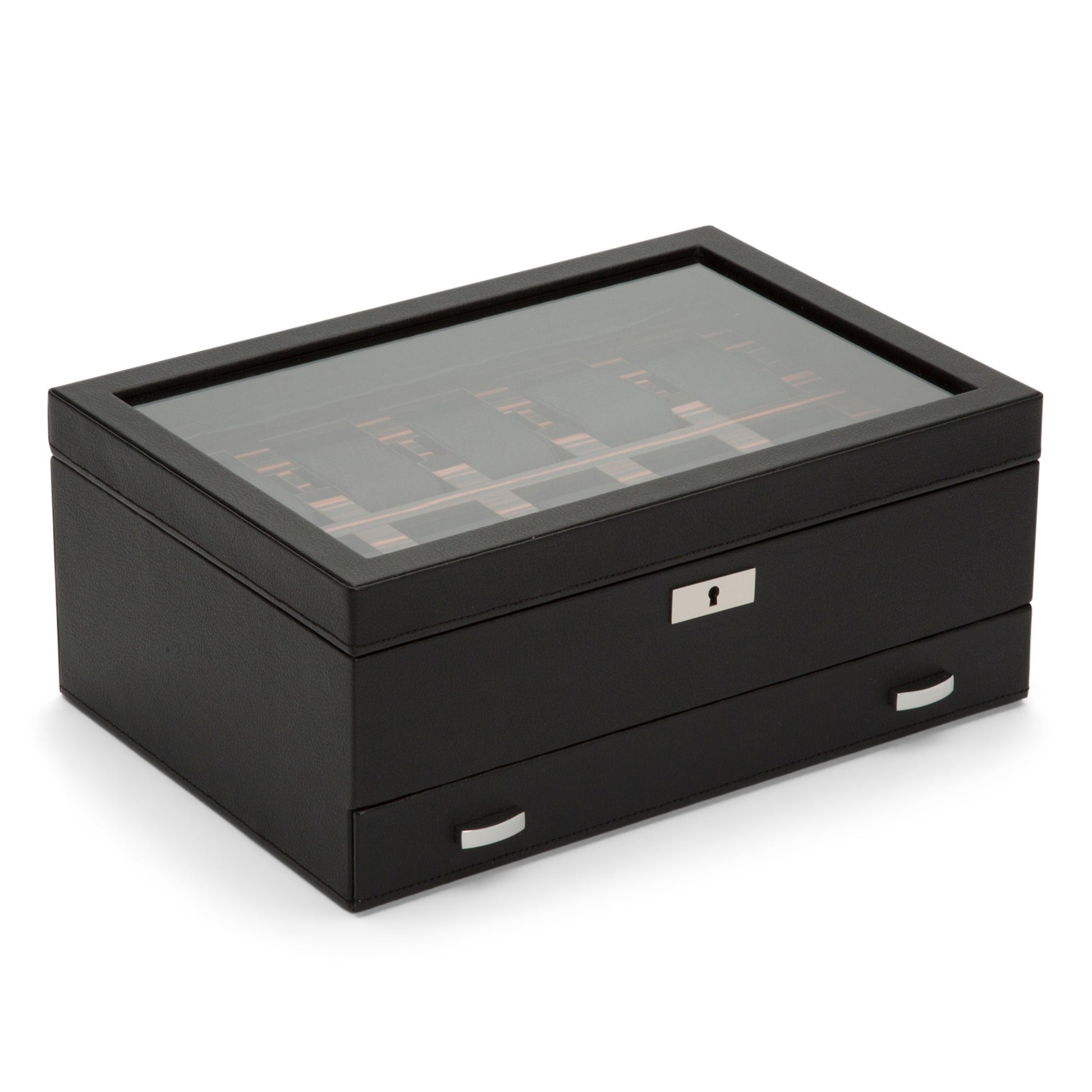 The WOLF 1834 Roadster 10 Piece Watch Box With Drawer is a black jewelry box featuring a glass top and lock and key security on the front. Crafted from vegan leather, it includes a pull-out drawer at the bottom with two metal handles, ideal for storing watches.