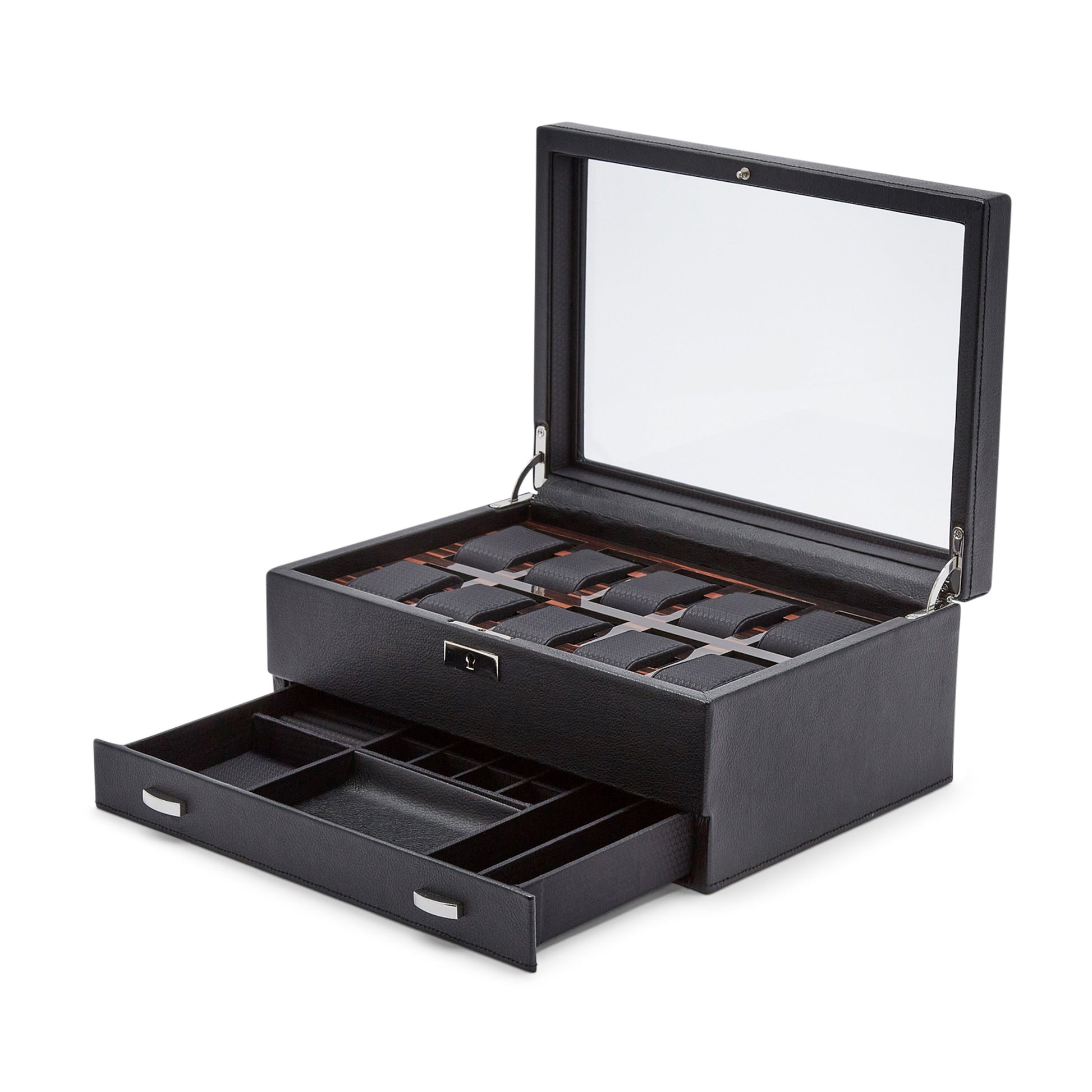 The WOLF 1834 Roadster 10 Piece Watch Box With Drawer features a sleek black vegan leather design with a glass lid, unveiling multiple compartments for watch storage. Beneath, a pull-out drawer with various sections provides space for additional accessories, keeping your collection organized and stylish.