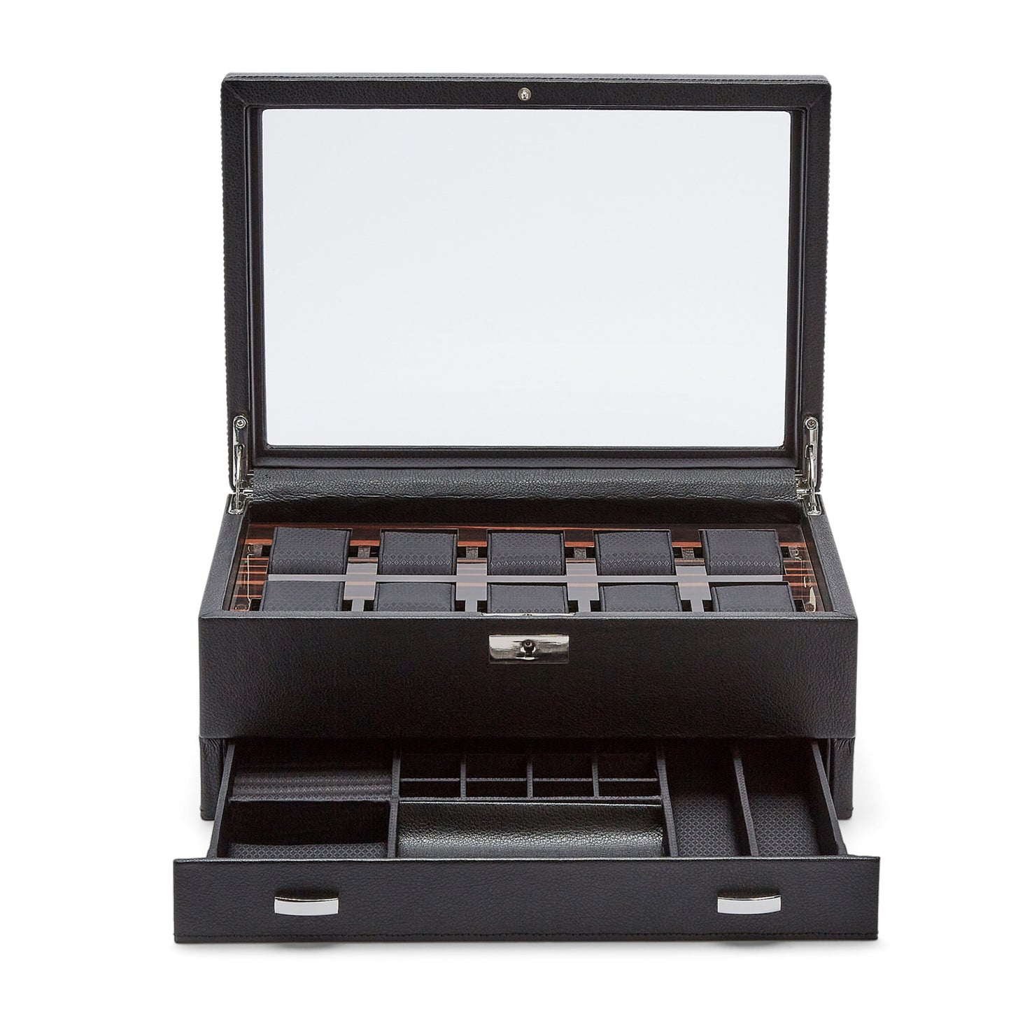 Introducing the WOLF 1834 Roadster 10 Piece Watch Box With Drawer, a stylish black vegan leather storage solution complete with a glass lid, perfect for displaying your watches in the top section. Beneath, a convenient drawer provides compartments for accessories, all secured with lock and key for optimal organization.