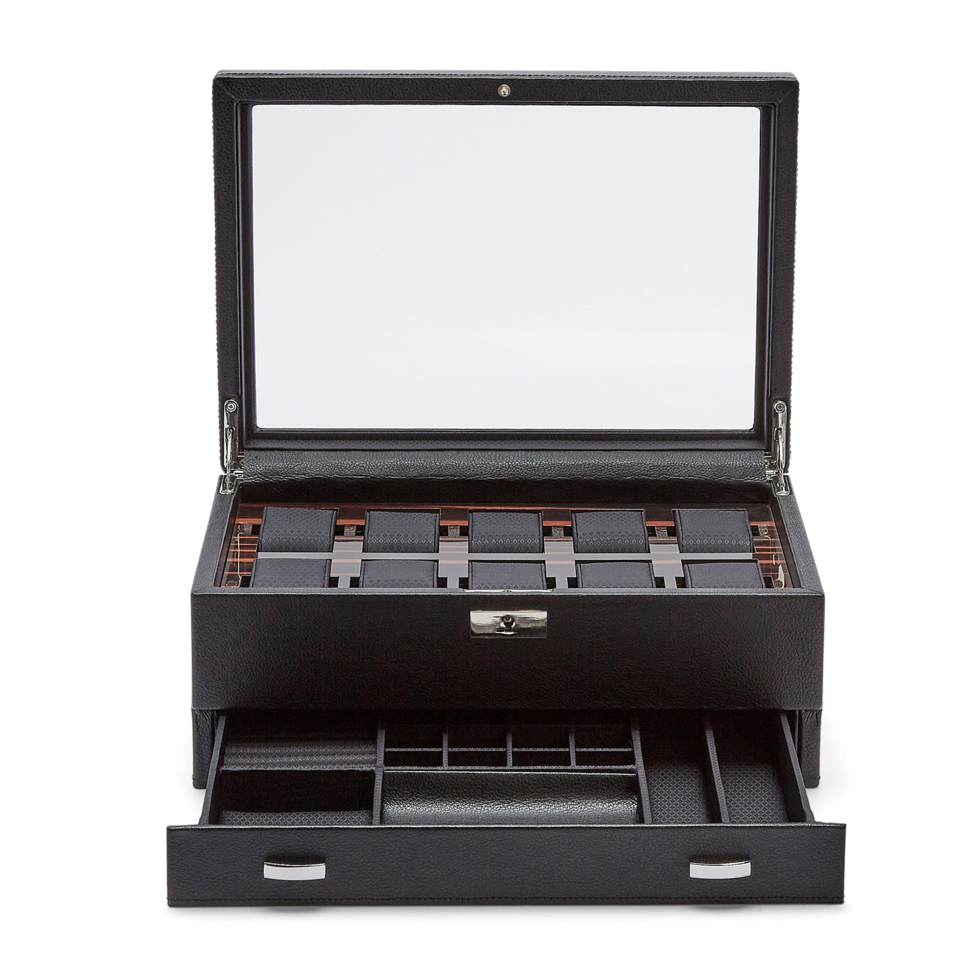 Introducing the WOLF 1834 Roadster 10 Piece Watch Box With Drawer, a stylish black vegan leather storage solution complete with a glass lid, perfect for displaying your watches in the top section. Beneath, a convenient drawer provides compartments for accessories, all secured with lock and key for optimal organization.