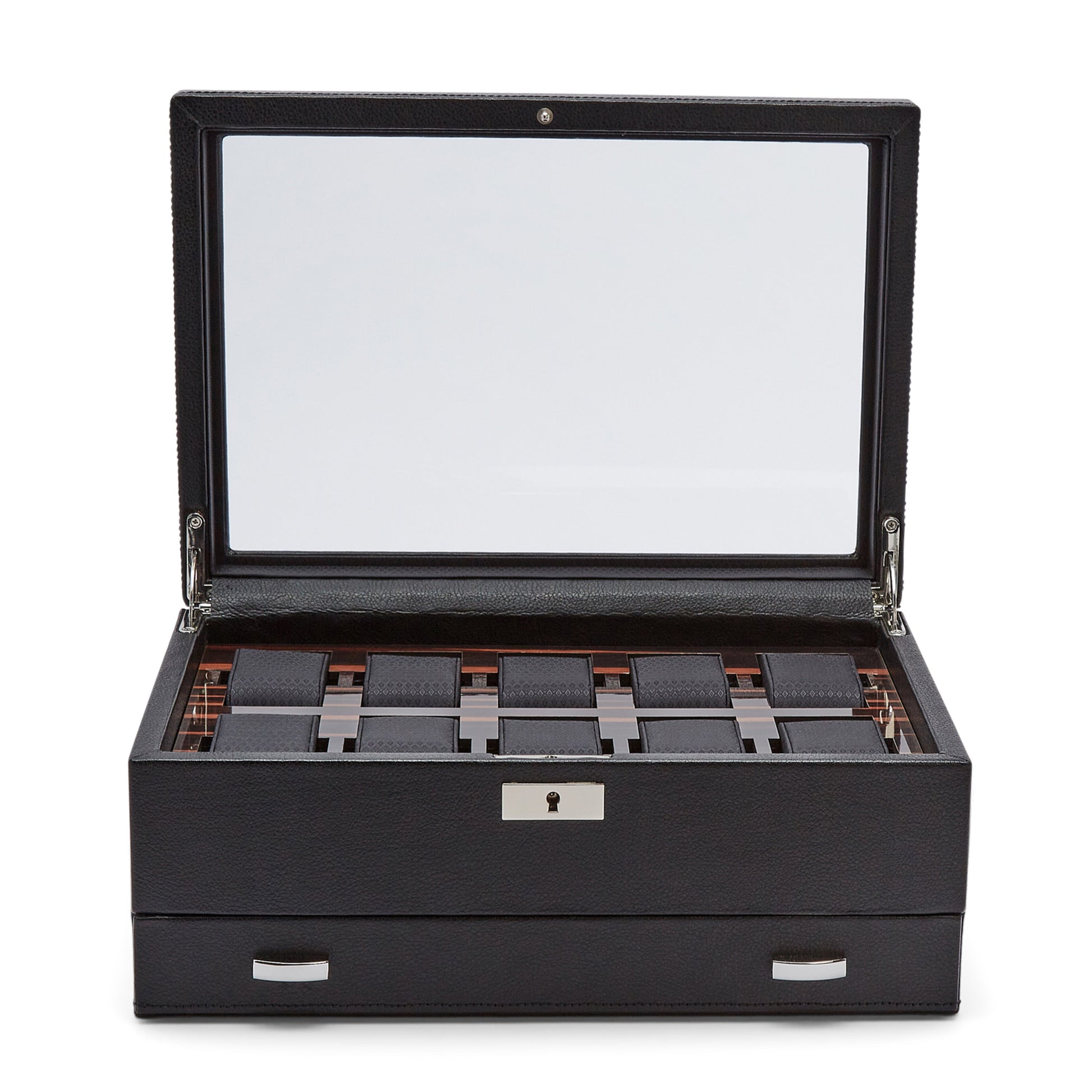 The WOLF 1834 Roadster 10 Piece Watch Box with Drawer, an elegant rectangular watch box in black with a glass lid, is open to reveal multiple compartments for sophisticated watch storage. It is crafted from vegan leather and includes lock and key security as well as a bottom drawer adorned with silver handles. The interior is lined with patterned fabric for an extra touch of refinement.
