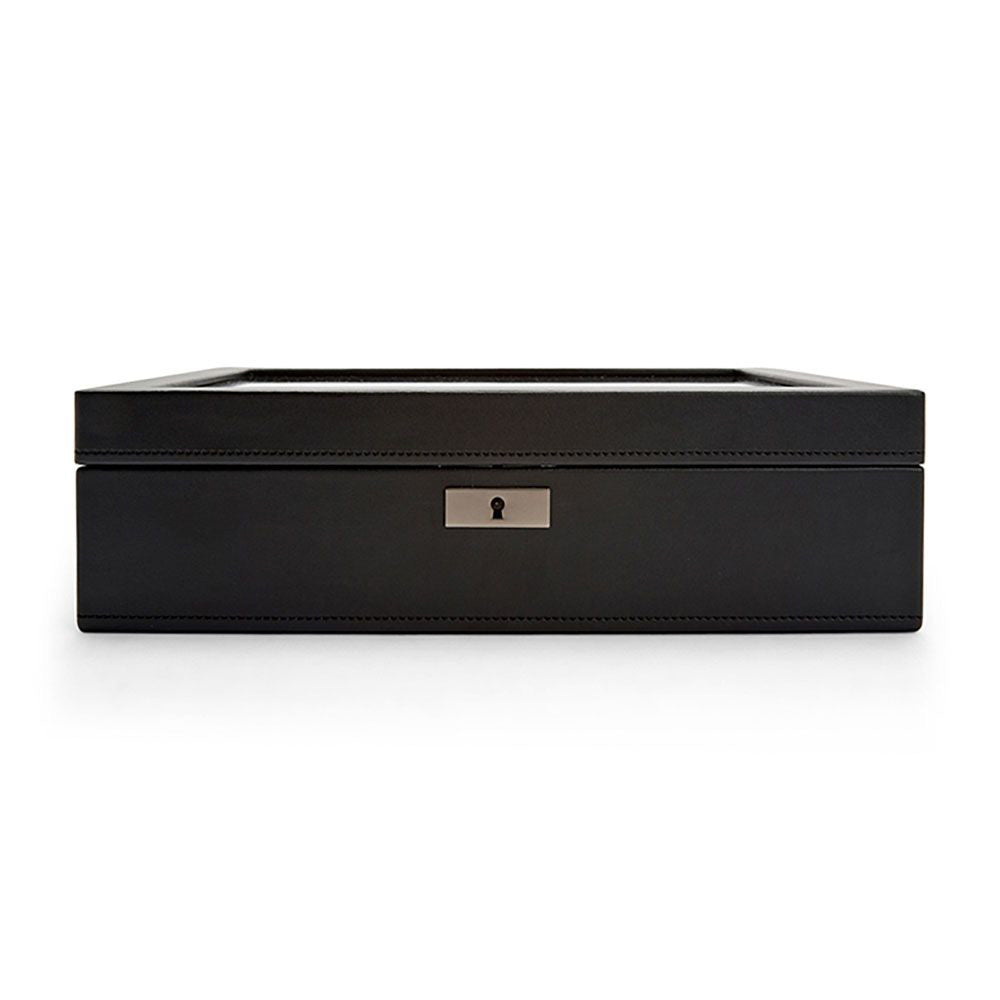 Introducing the WOLF 1834 Axis 10 Piece Watch Box, a sophisticated storage solution from the renowned brand WOLF. This black leather watch box features lock and key security with a keyhole on the front, ensuring safe storage for your timepieces. Its smooth texture and minimalistic design provide an elegant appearance that suits both personal and professional settings, making it perfect even for storing your favorite smartwatch.
