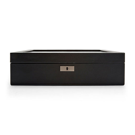 Introducing the WOLF 1834 Axis 10 Piece Watch Box, a sophisticated storage solution from the renowned brand WOLF. This black leather watch box features lock and key security with a keyhole on the front, ensuring safe storage for your timepieces. Its smooth texture and minimalistic design provide an elegant appearance that suits both personal and professional settings, making it perfect even for storing your favorite smartwatch.