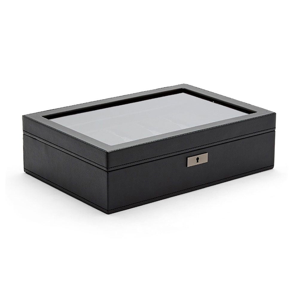The WOLF 1834 Axis 10 Piece Watch Box is a sophisticated black, rectangular leather box with a transparent glass top, ideal for watch storage. It features a front lock and key security system, designed for displaying or storing your watches securely.
