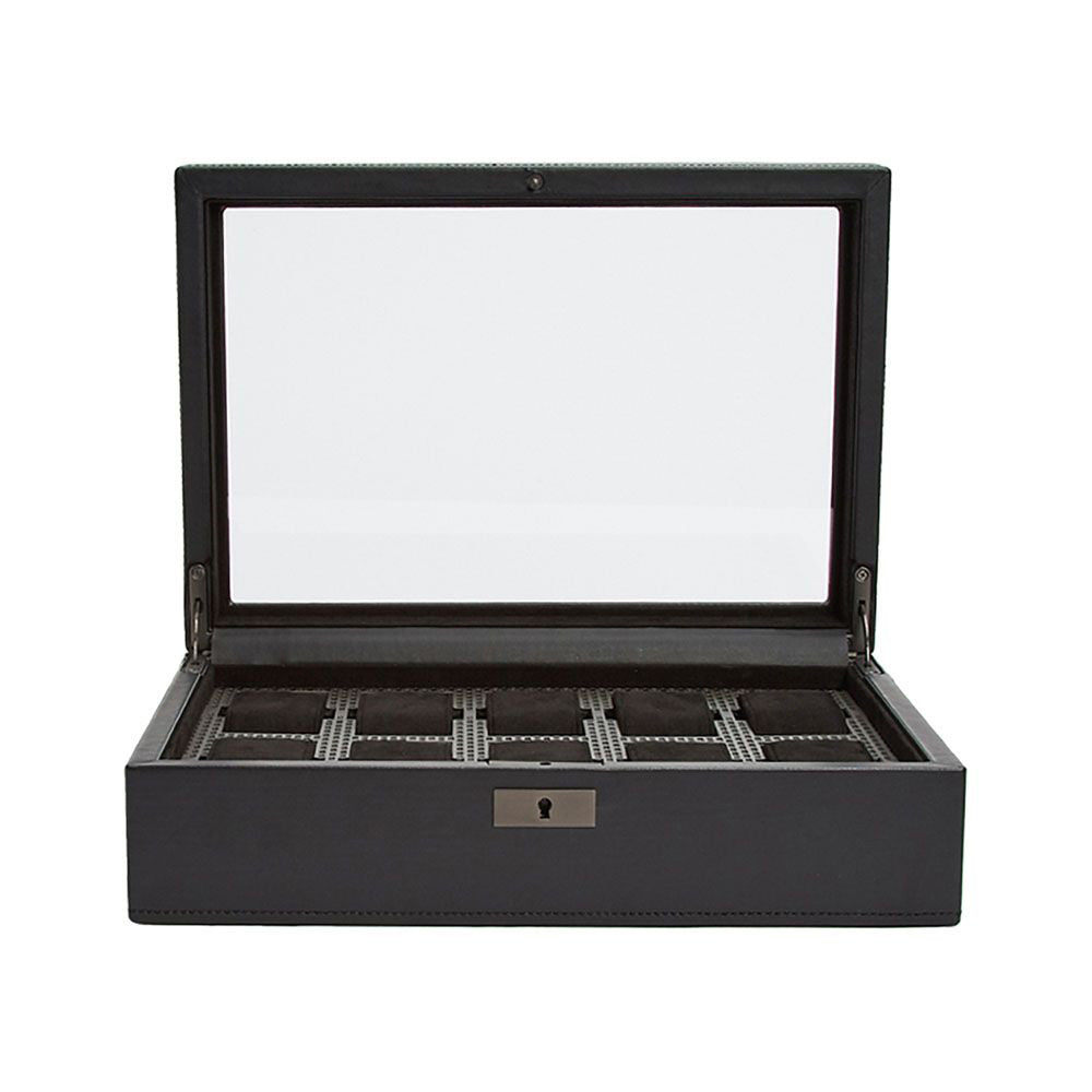 The WOLF 1834 Axis 10 Piece Watch Box by WOLF is open, displaying ten compartments designed for optimal watch storage. Its sleek, modern black exterior includes a transparent lid and features lock and key security to provide an additional layer of protection for your collection.